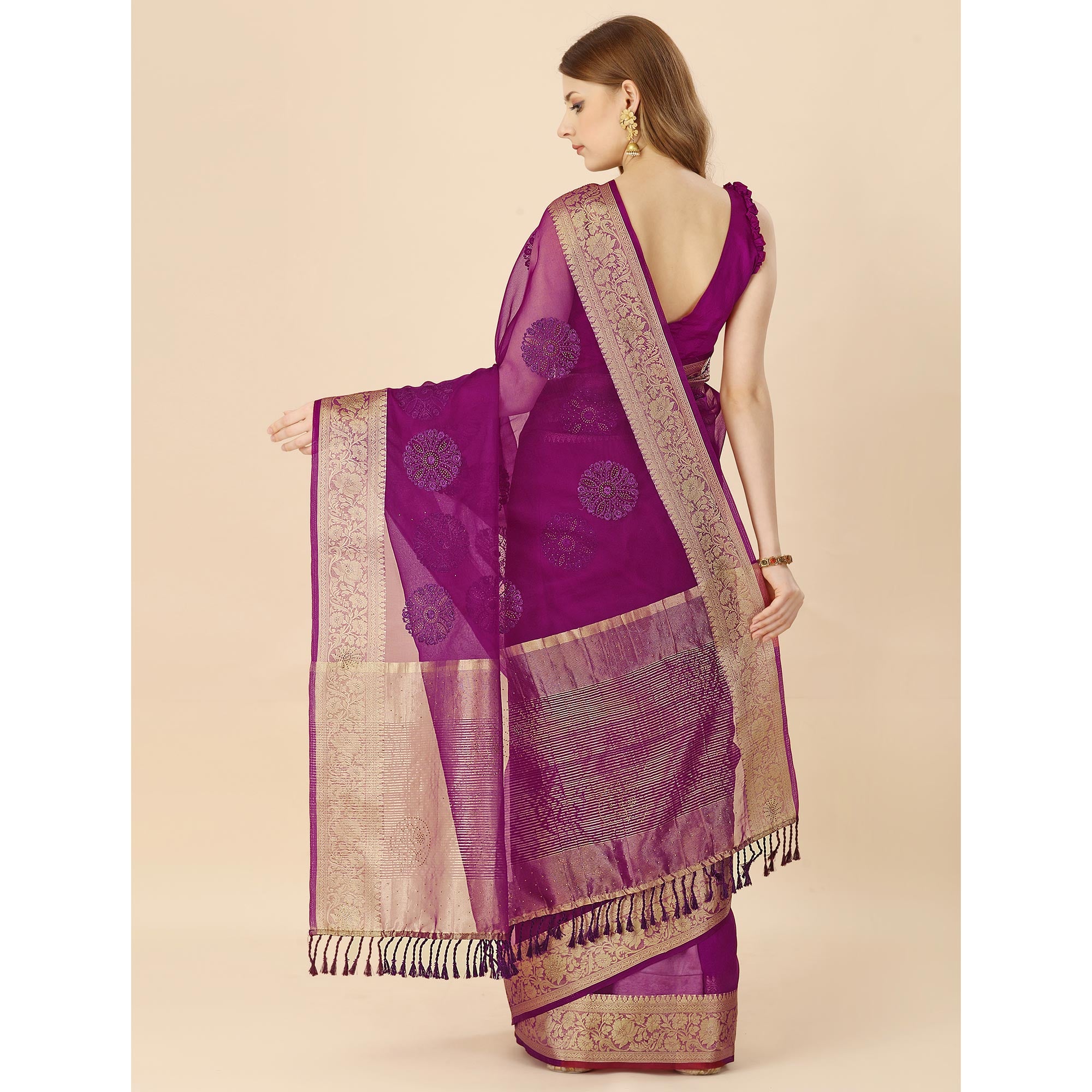 Purple Floral Embroidery With Swarovski Work Organza Saree