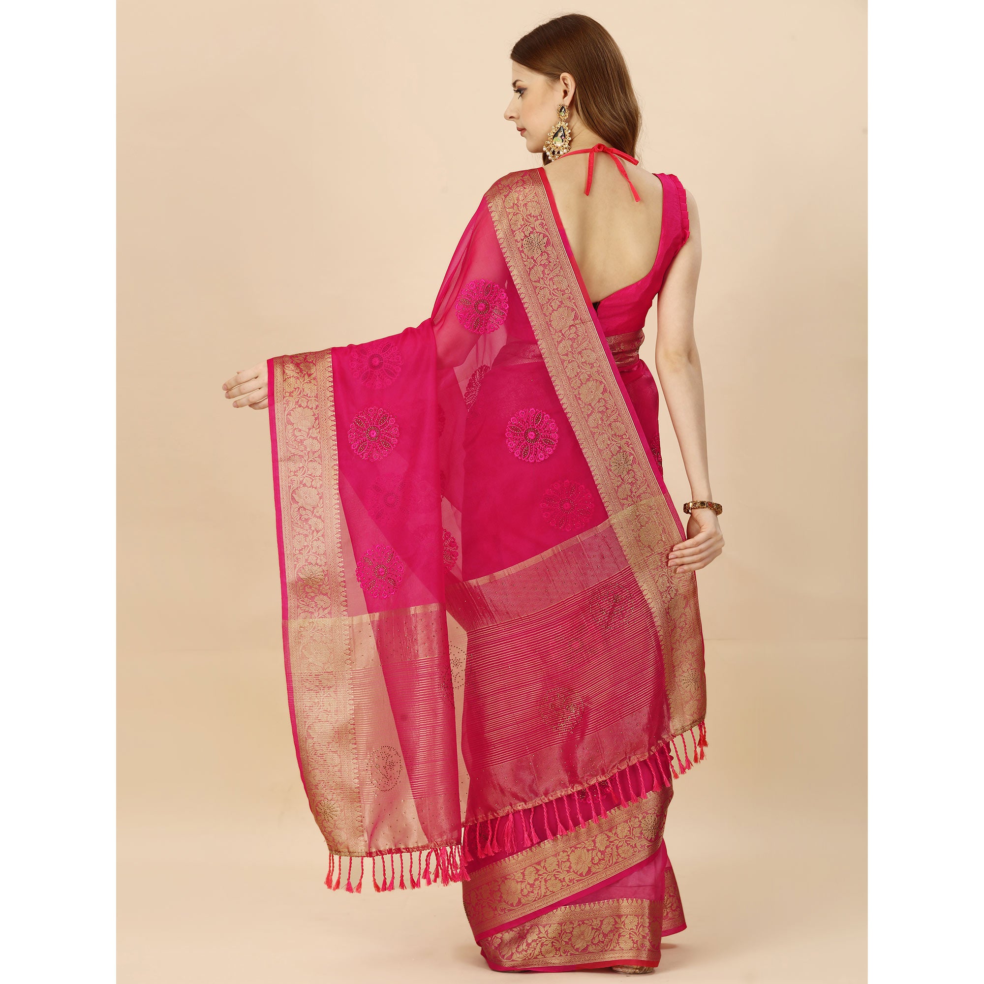 Rani Pink Floral Embroidery With Swarovski Work Organza Saree