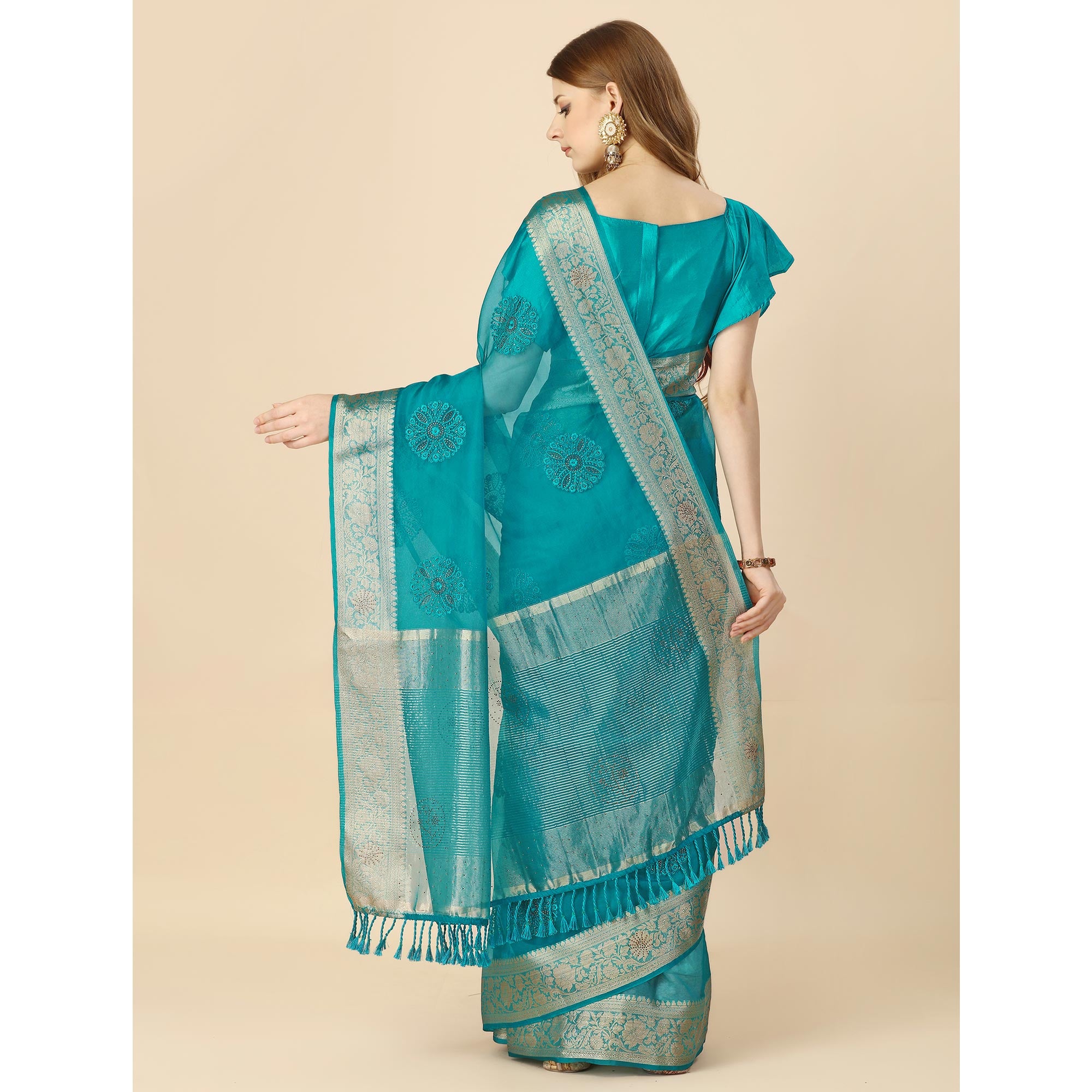 Rama Blue Floral Embroidery With Swarovski Work Organza Saree