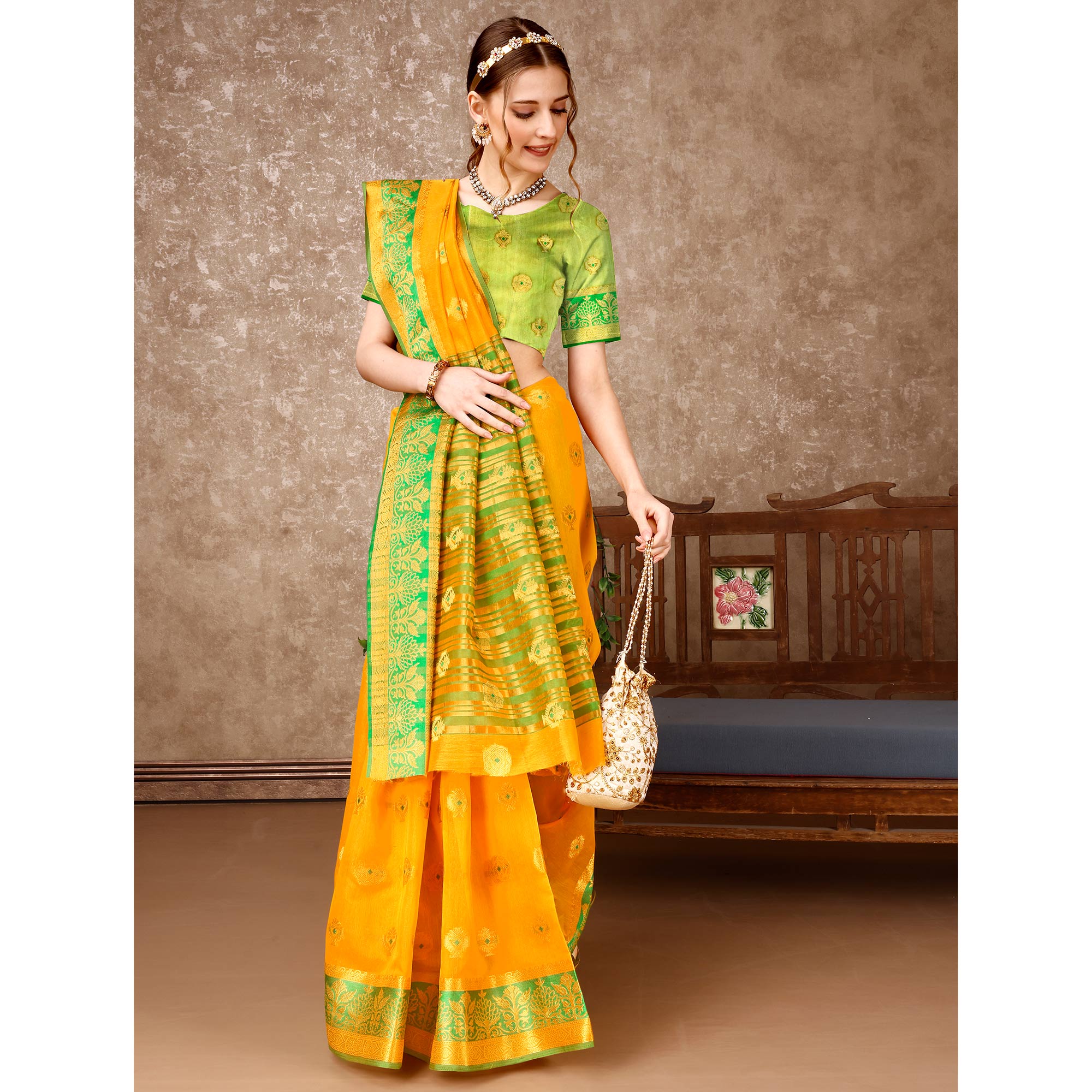 Yellow Floral Woven Cotton Silk Saree