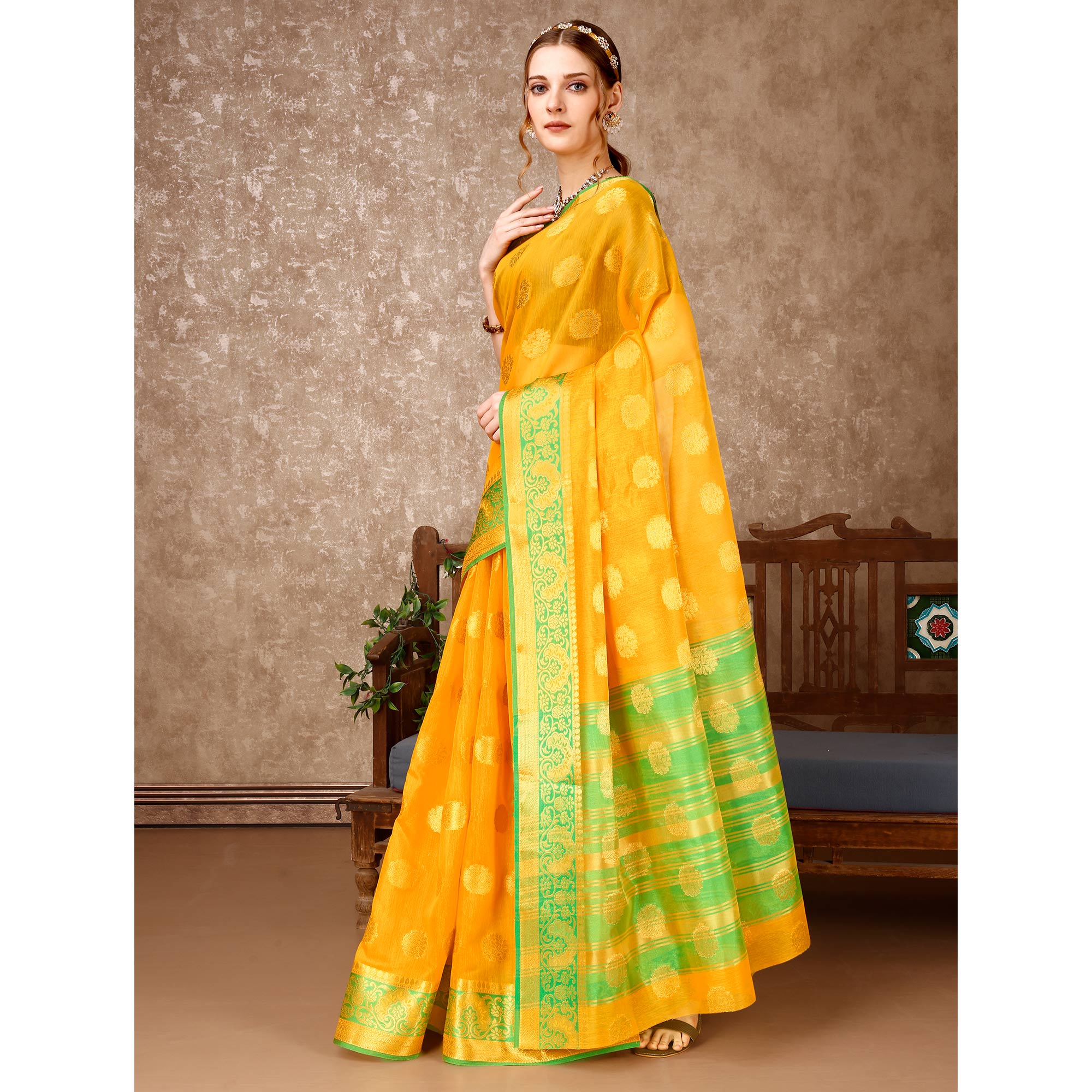 Yellow Floral Woven Cotton Silk Saree