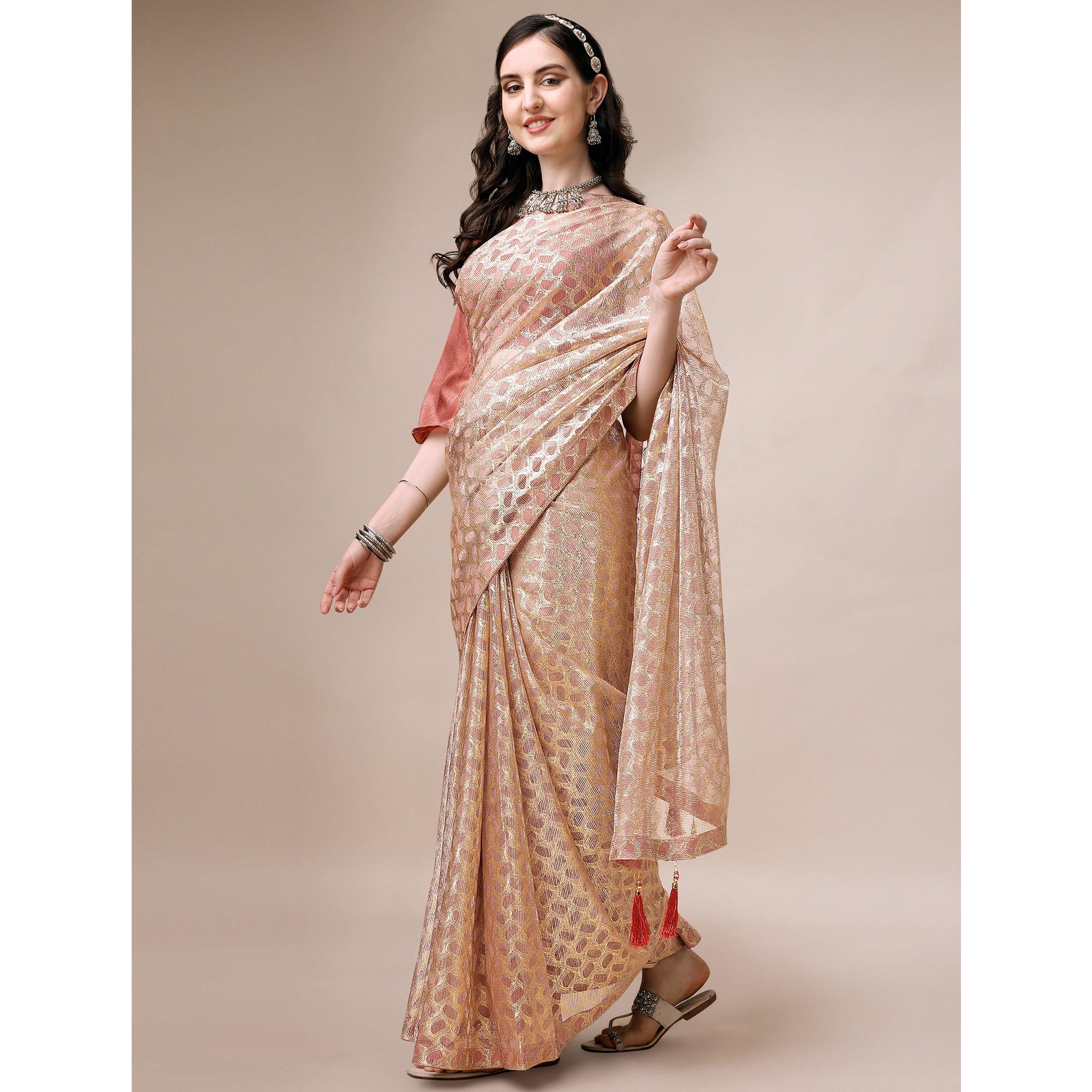 Onion Pink Foil Printed Rayon Saree