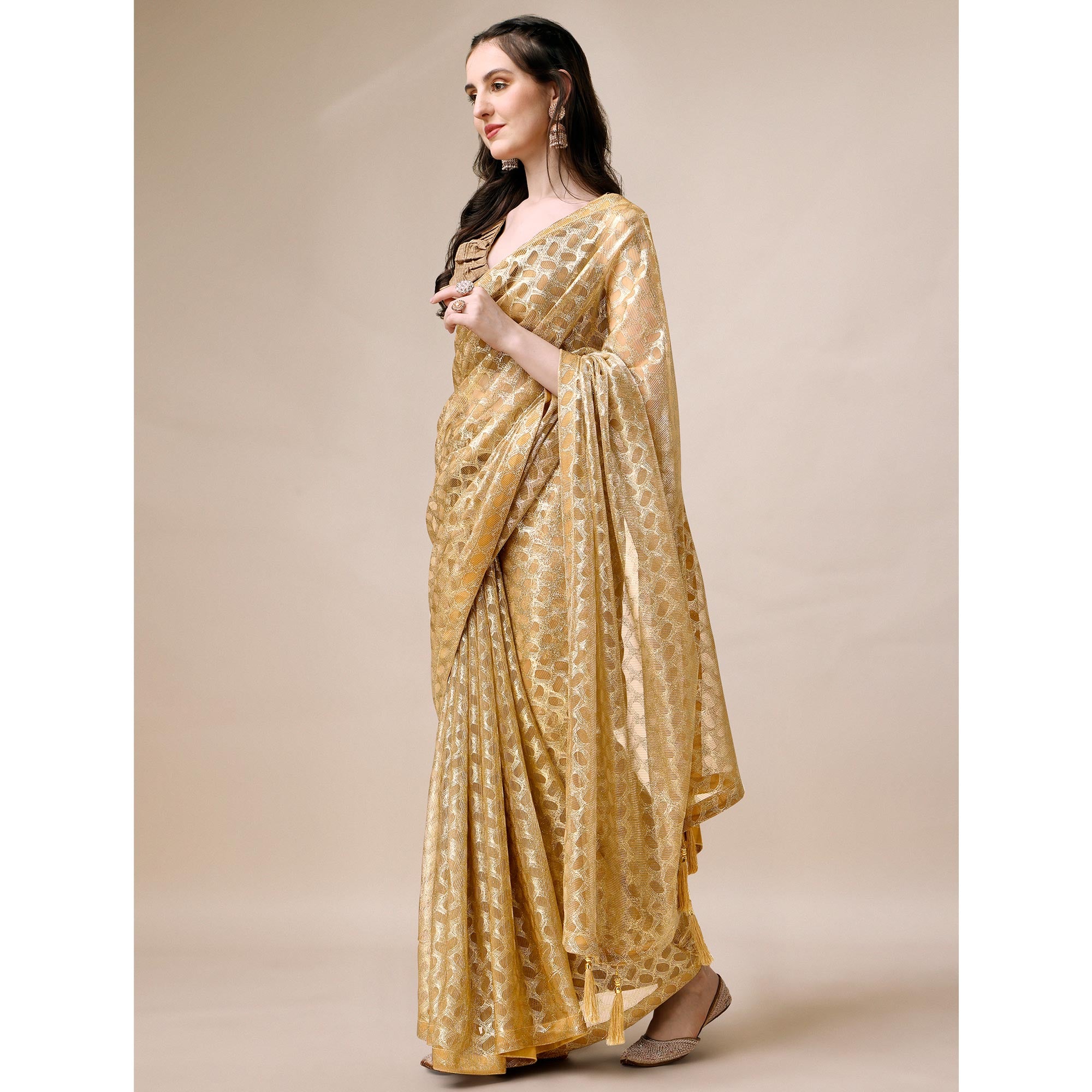 Mustard Foil Printed Rayon Saree