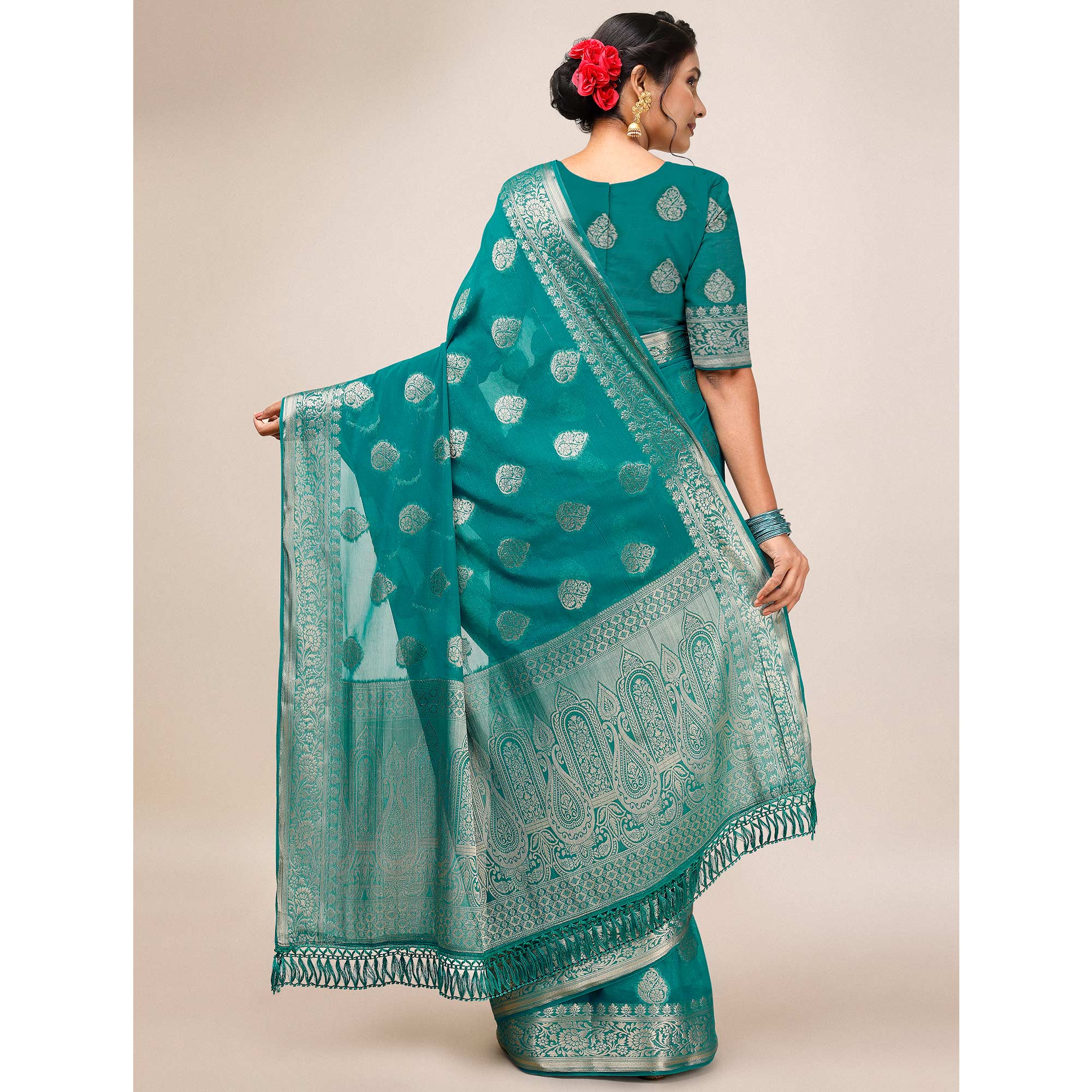 Turquoise Blue Woven Chiffon Saree With Tassels