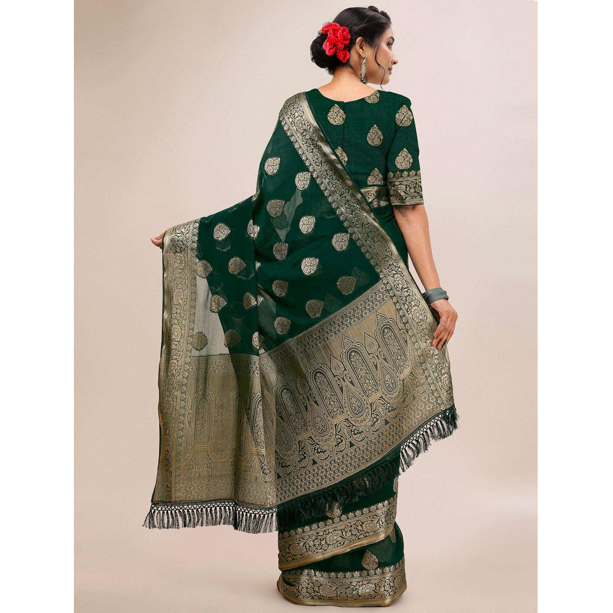 Dark Green Woven Chiffon Saree With Tassels