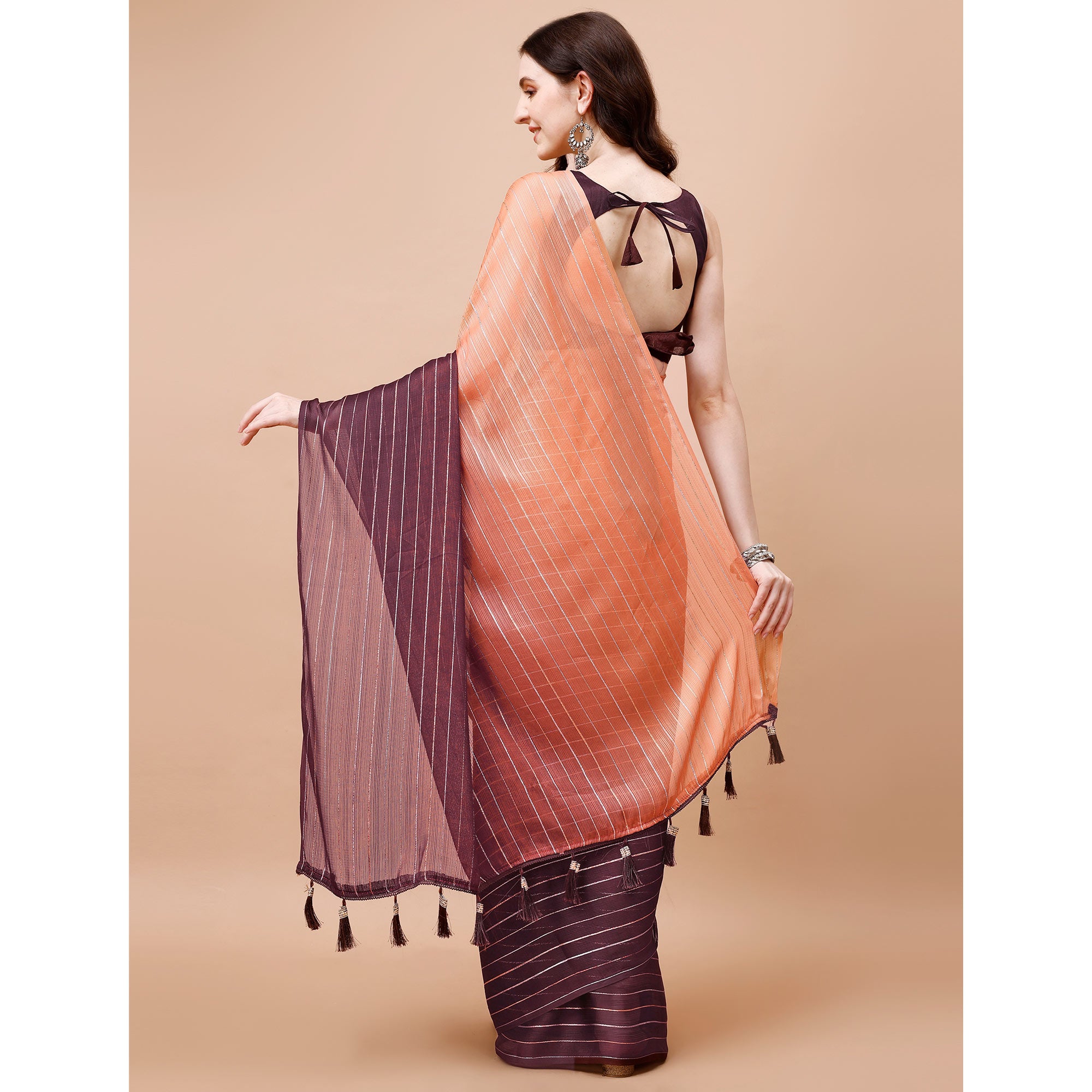 Brown Zari Woven Chiffon Saree