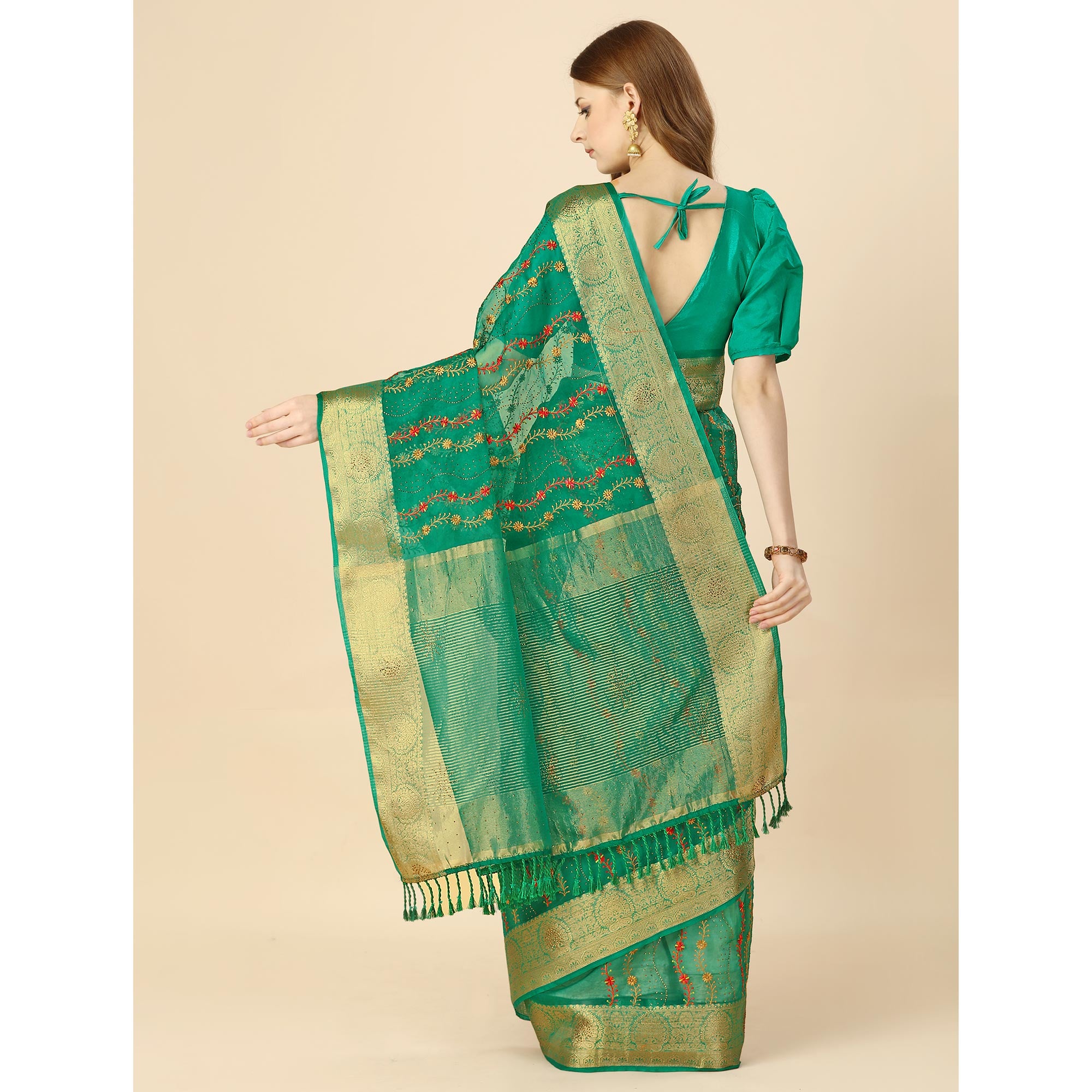 Green Floral Embroidery With Swarovski Work Organza Saree