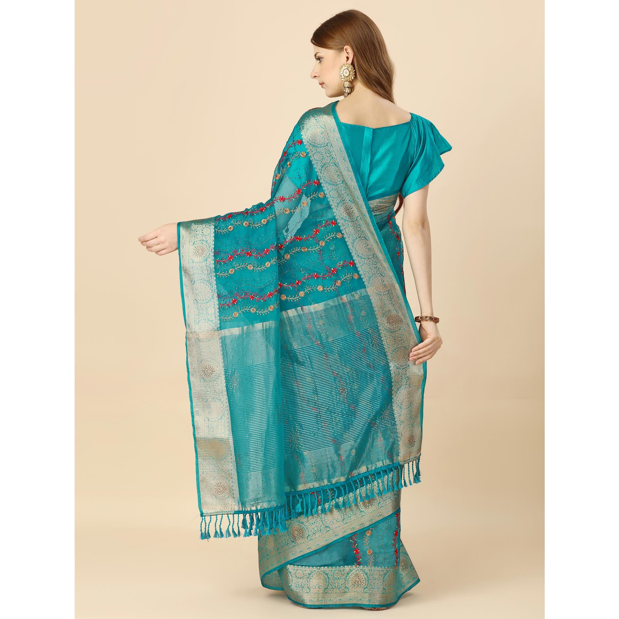 Rama Blue Floral Embroidery With Swarovski Work Organza Saree