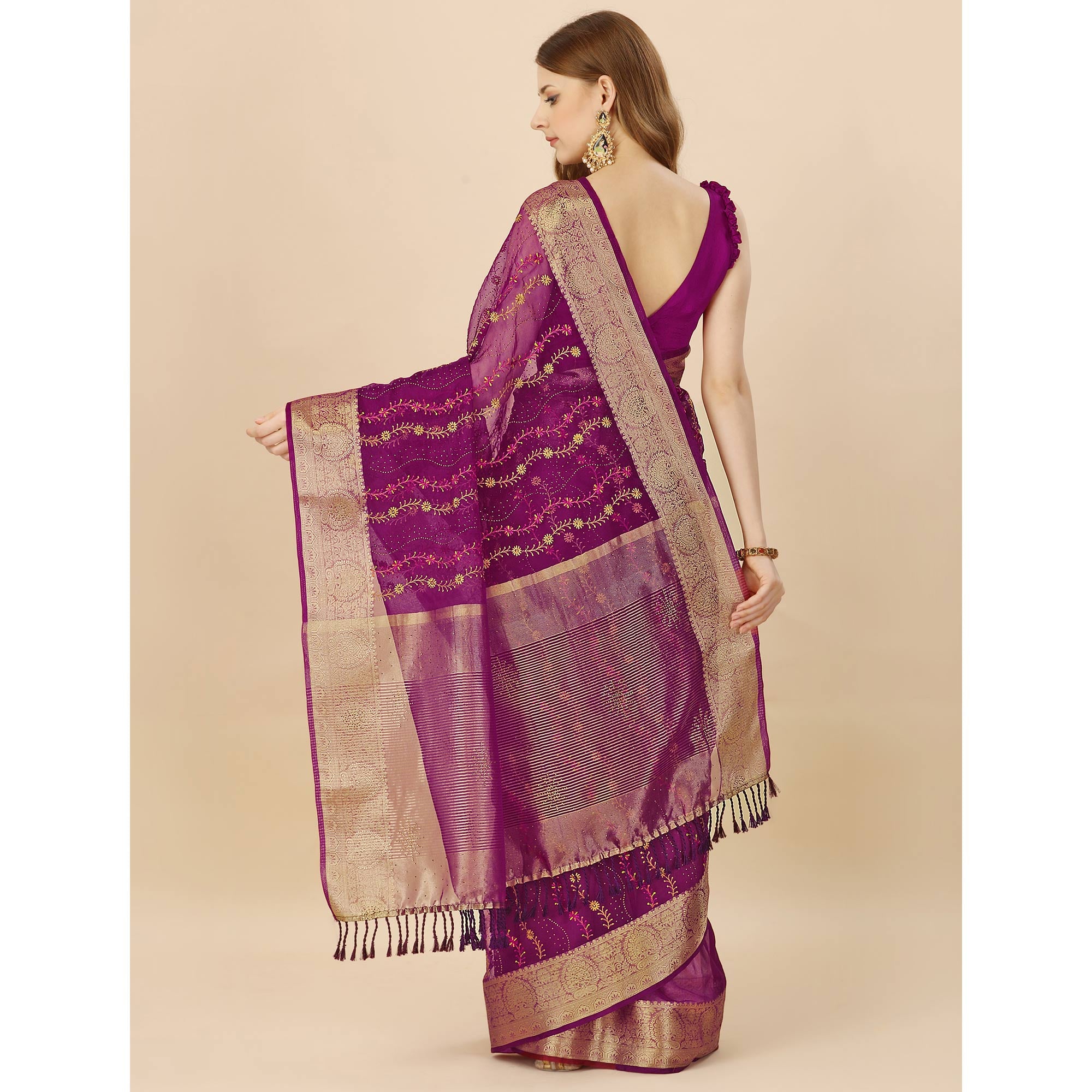 Purple Floral Embroidery With Swarovski Work Organza Saree