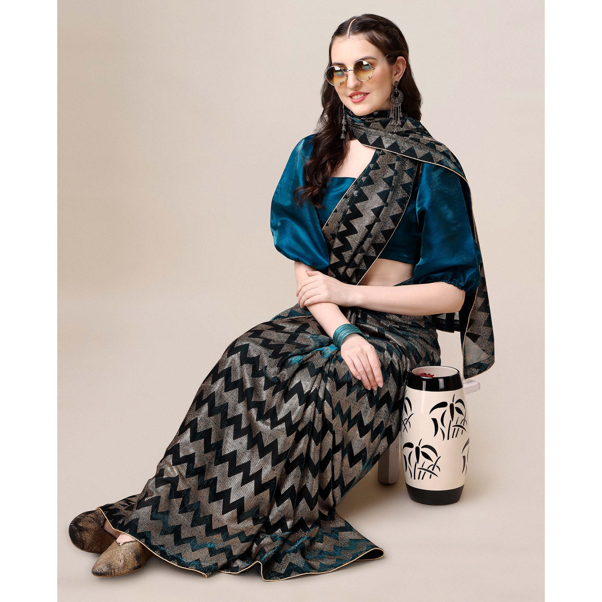 Teal Blue Digital Foil Printed Rayon Saree