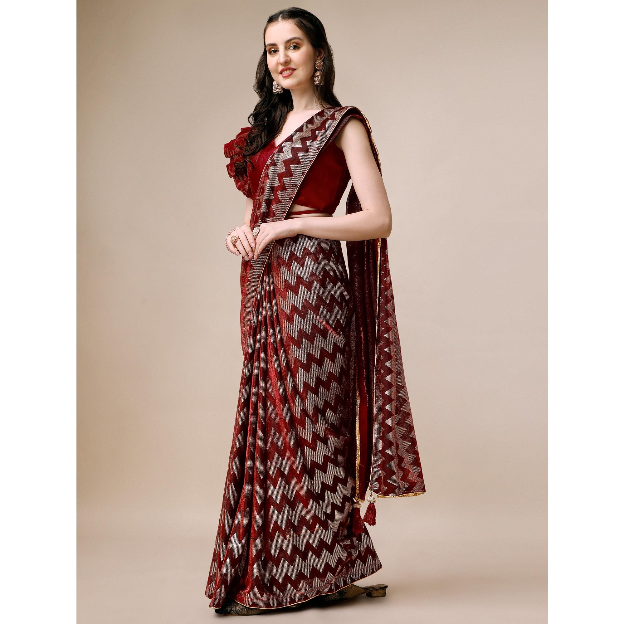 Maroon Digital Foil Printed Rayon Saree