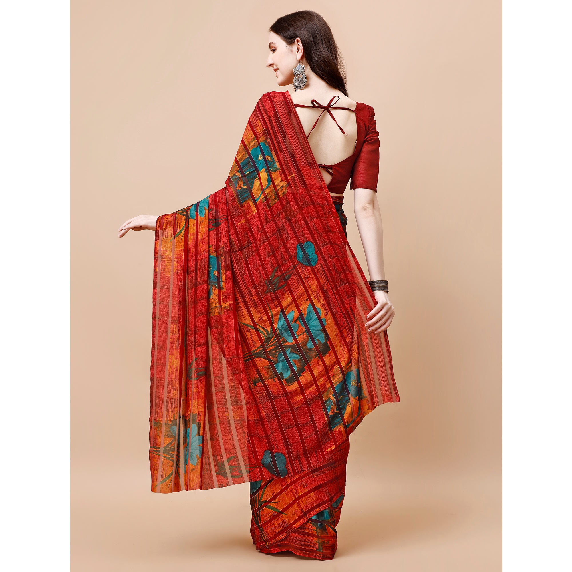 Red Floral Printed Georgette Saree