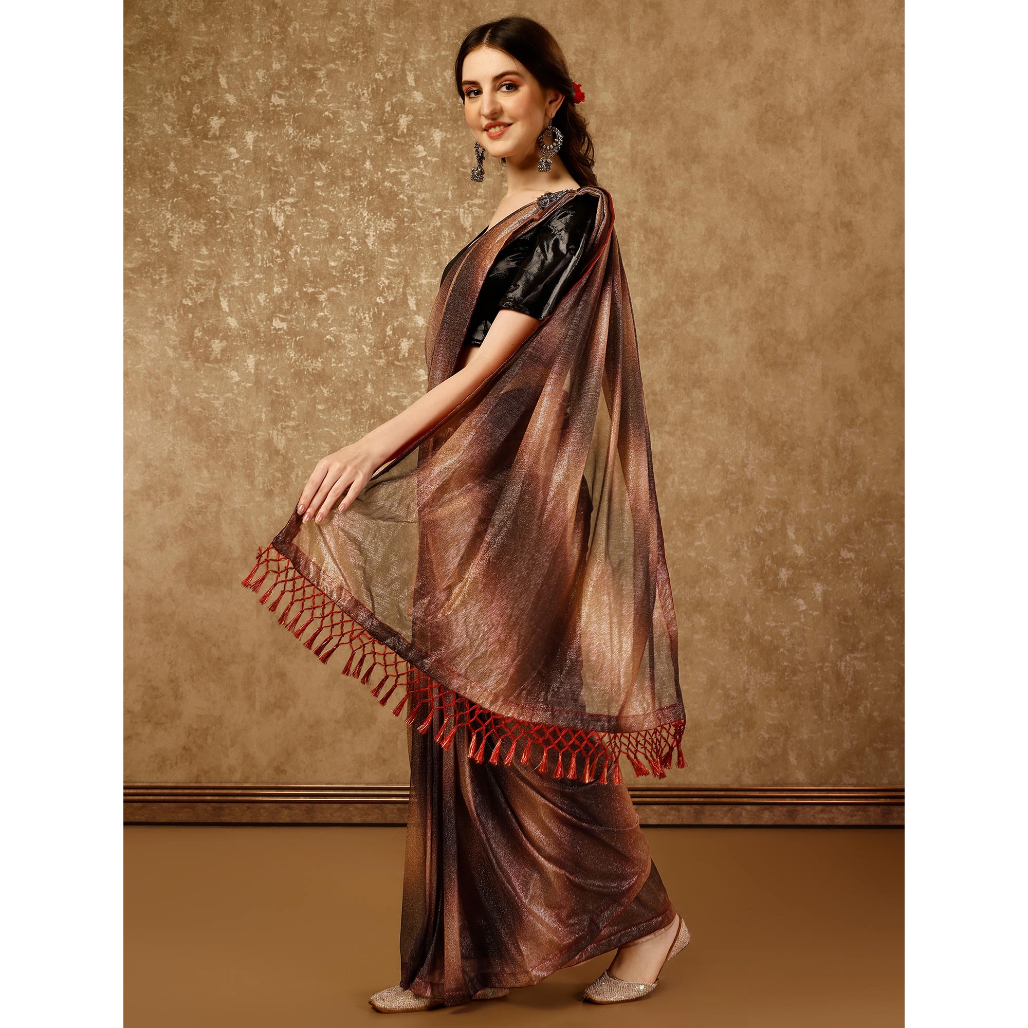 Brown Ombre Printed Lycra Ready To Wear Saree