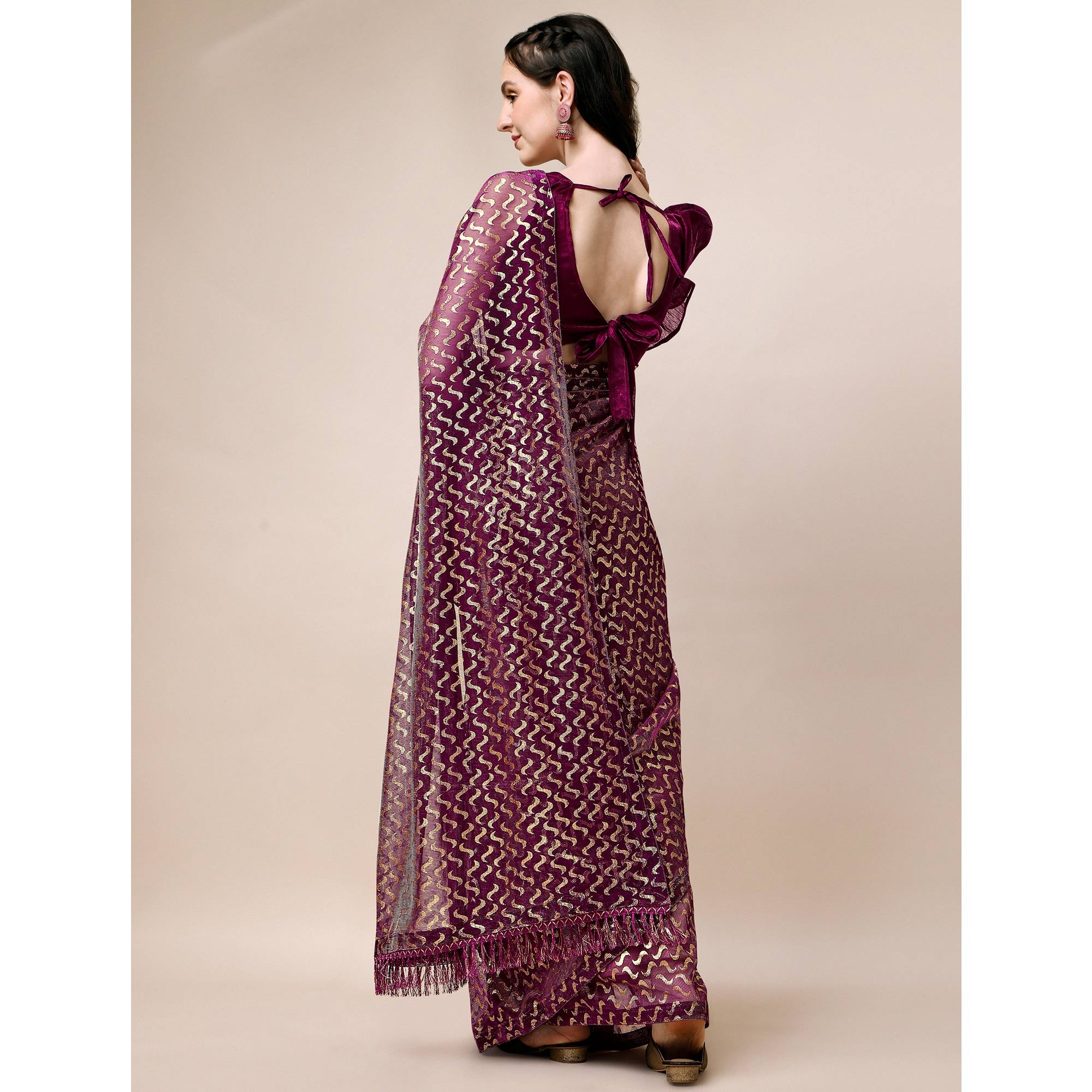 Wine Foil Printed Rayon Saree