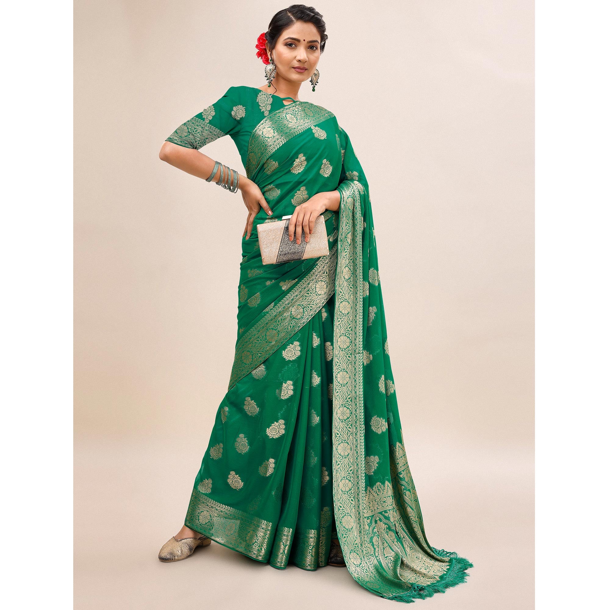 Green Woven Chiffon Saree With Tassels
