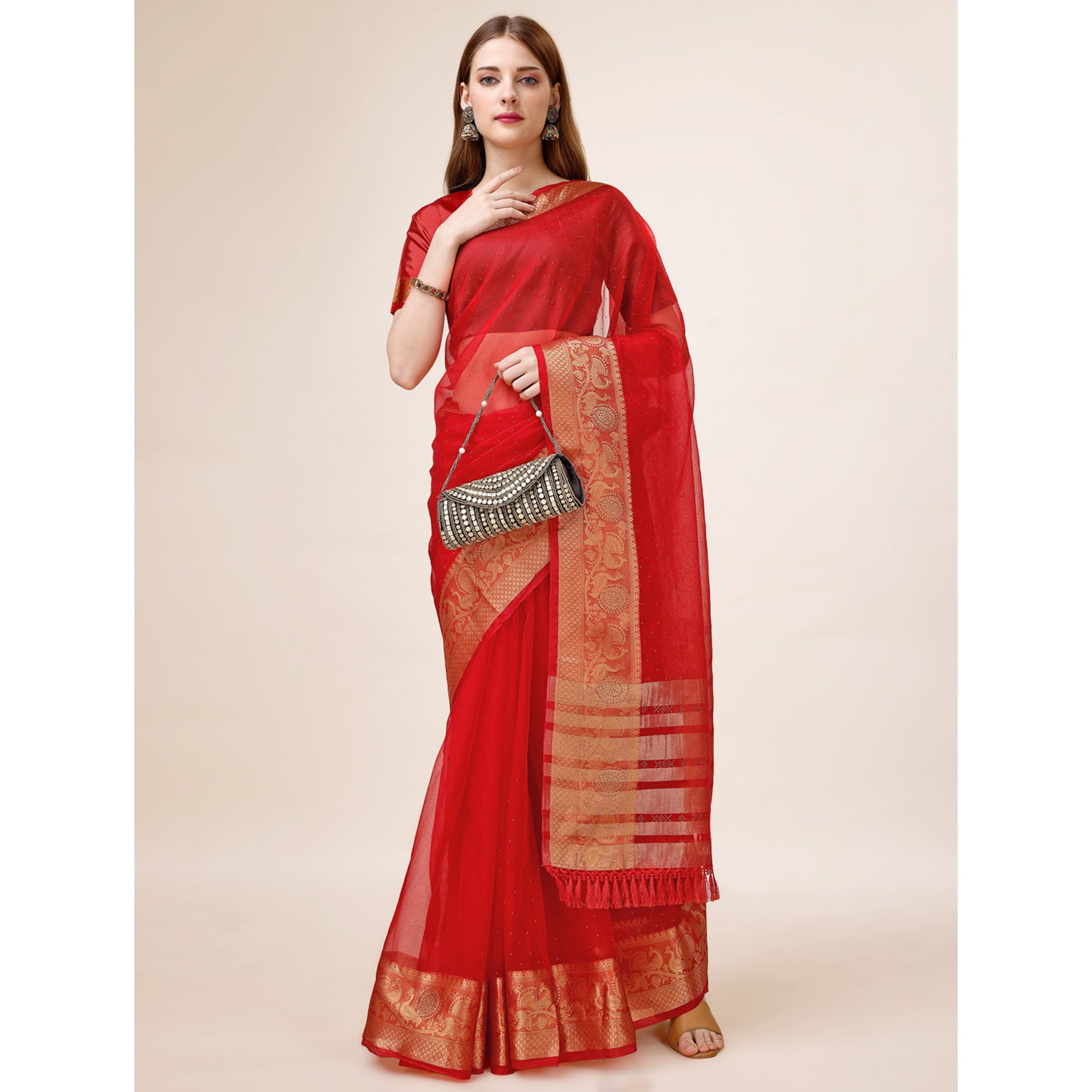 Red Swarovski Work Organza Saree With Tassels