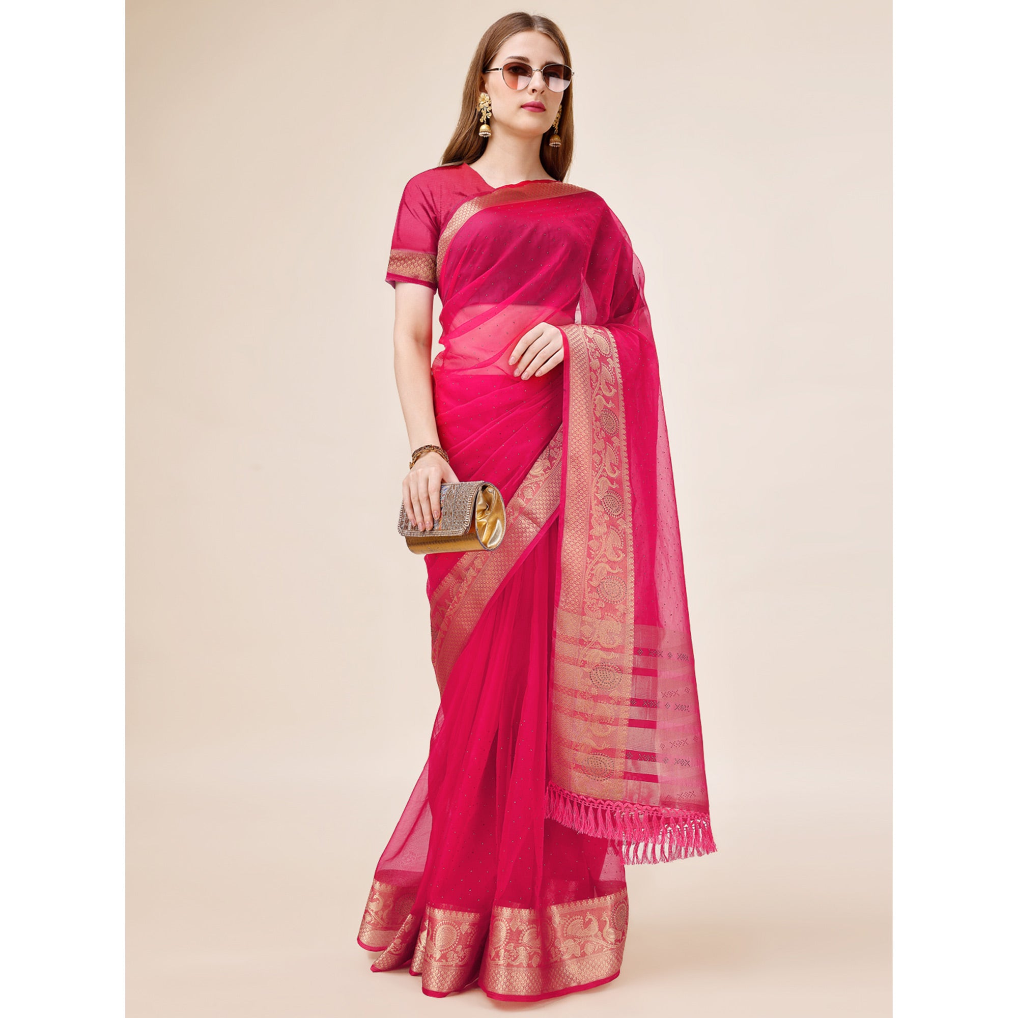 Pink Swarovski Work Organza Saree With Tassels