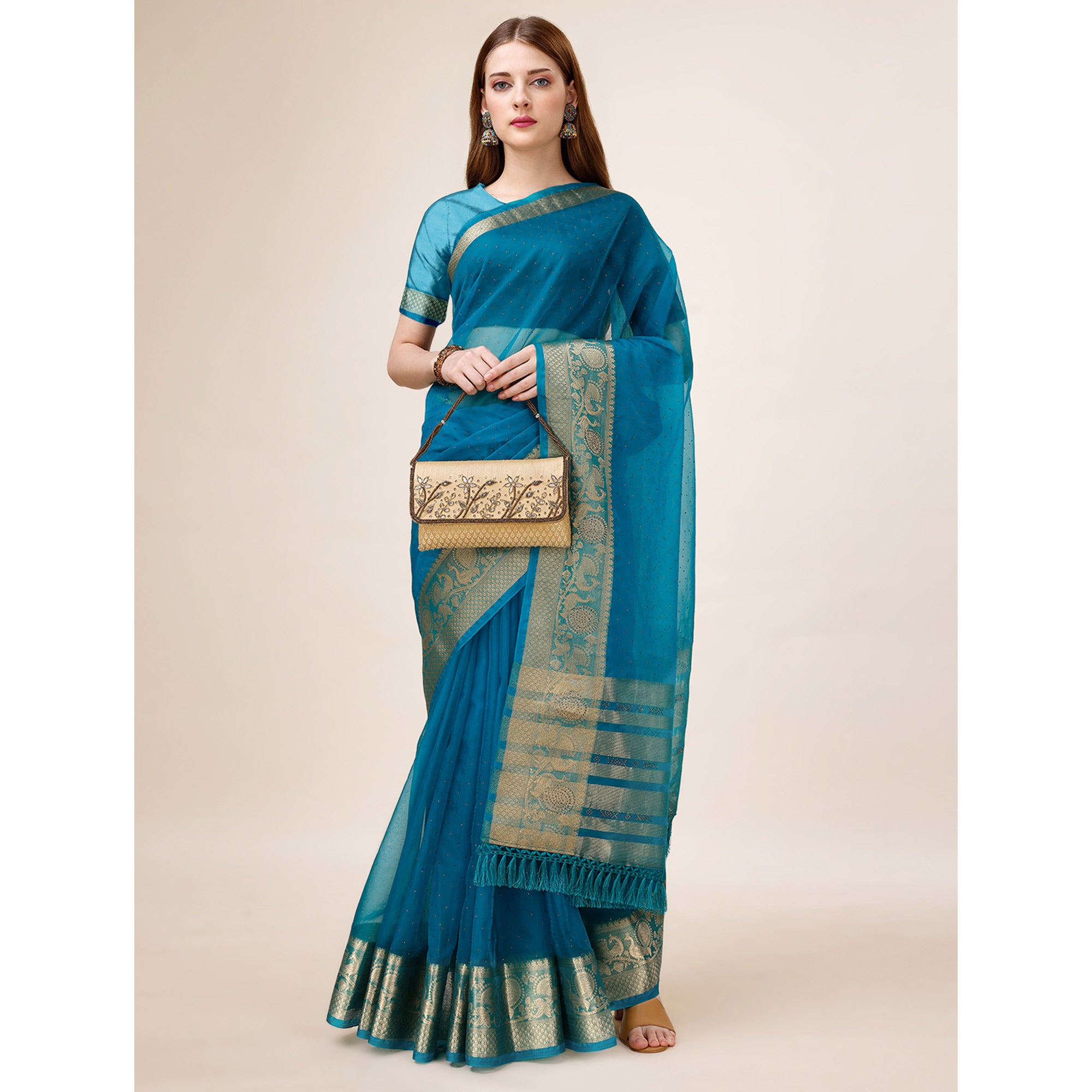 Blue Swarovski Work Organza Saree With Tassels