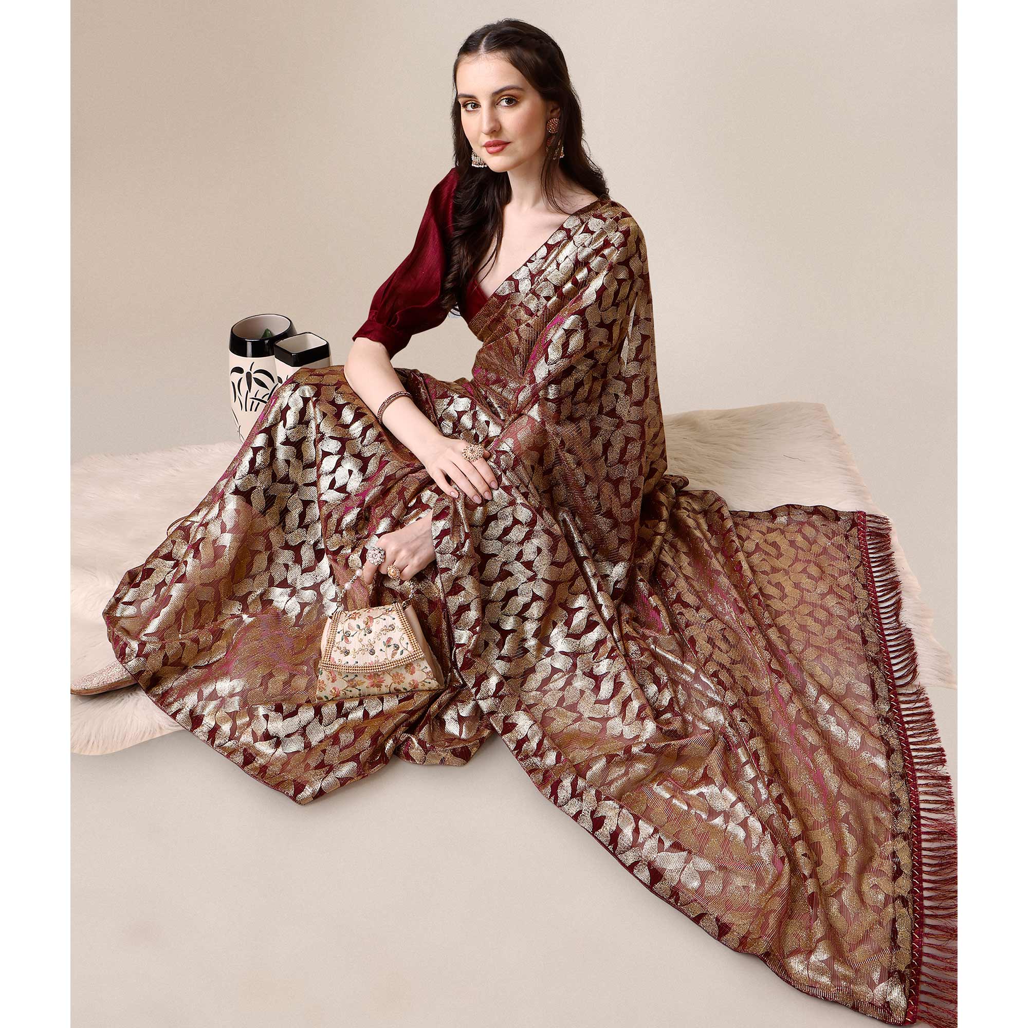 Wine & Gold Foil Printed Rayon Saree