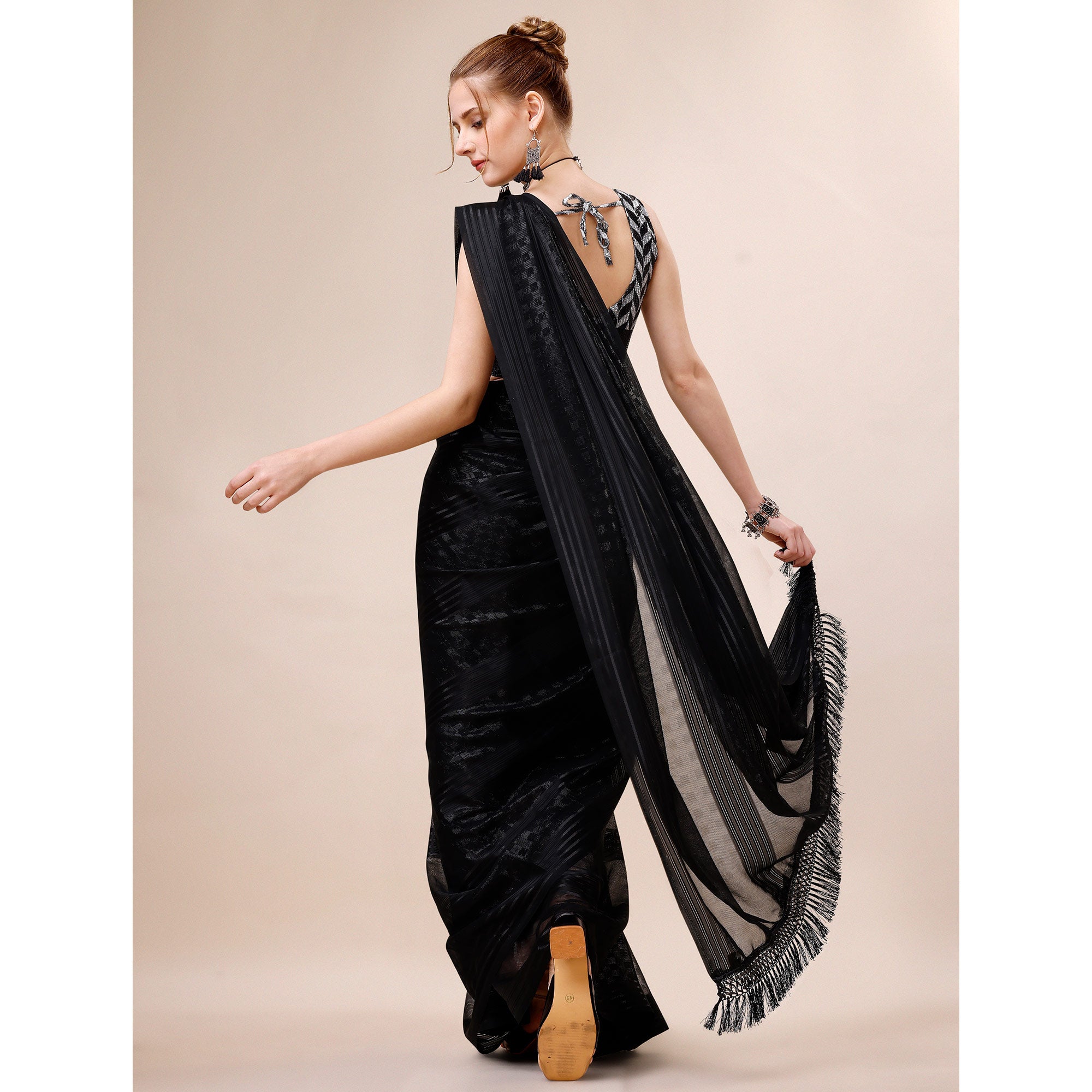 Black Striped Woven Chiffon Saree