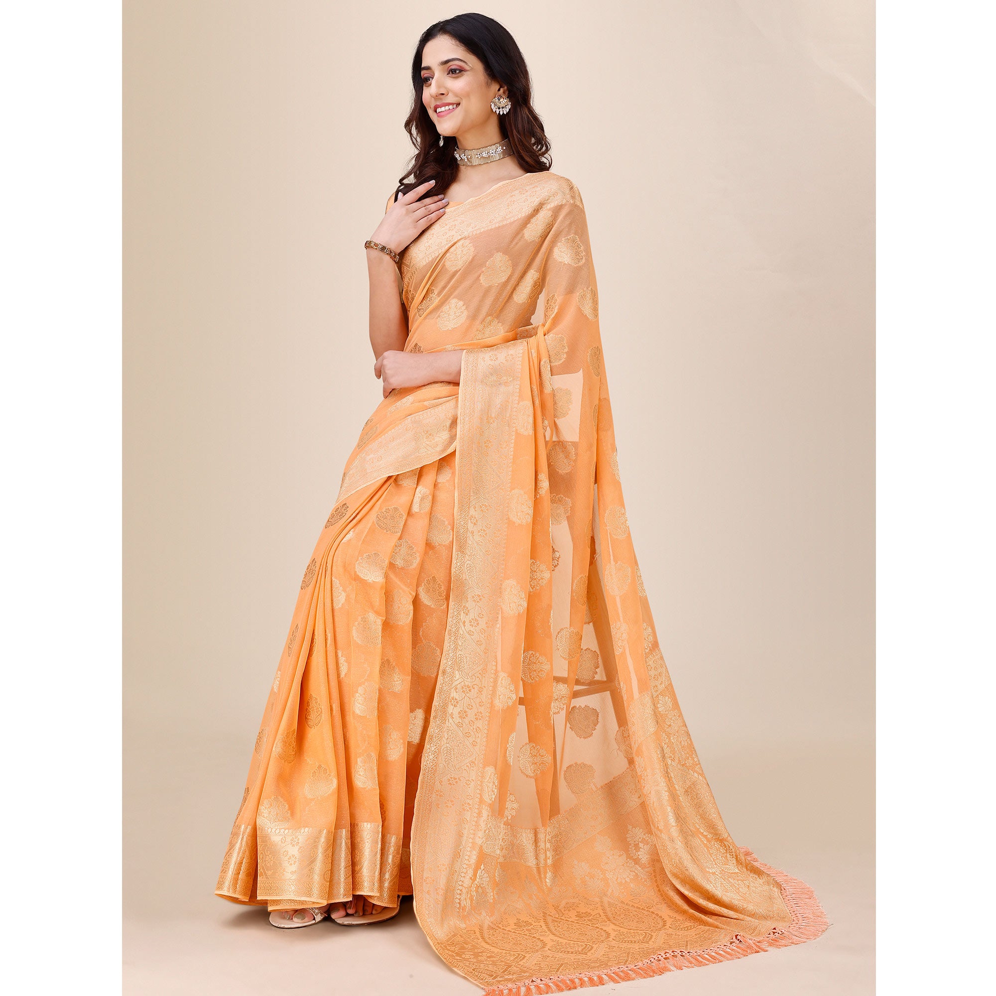 Orange Woven Chiffon Saree