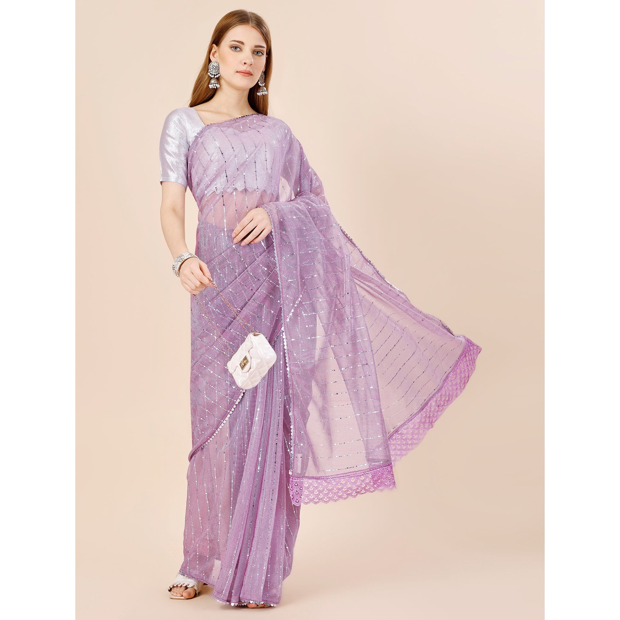 Lavender Tikki Work Lycra Saree With Embroidered Border