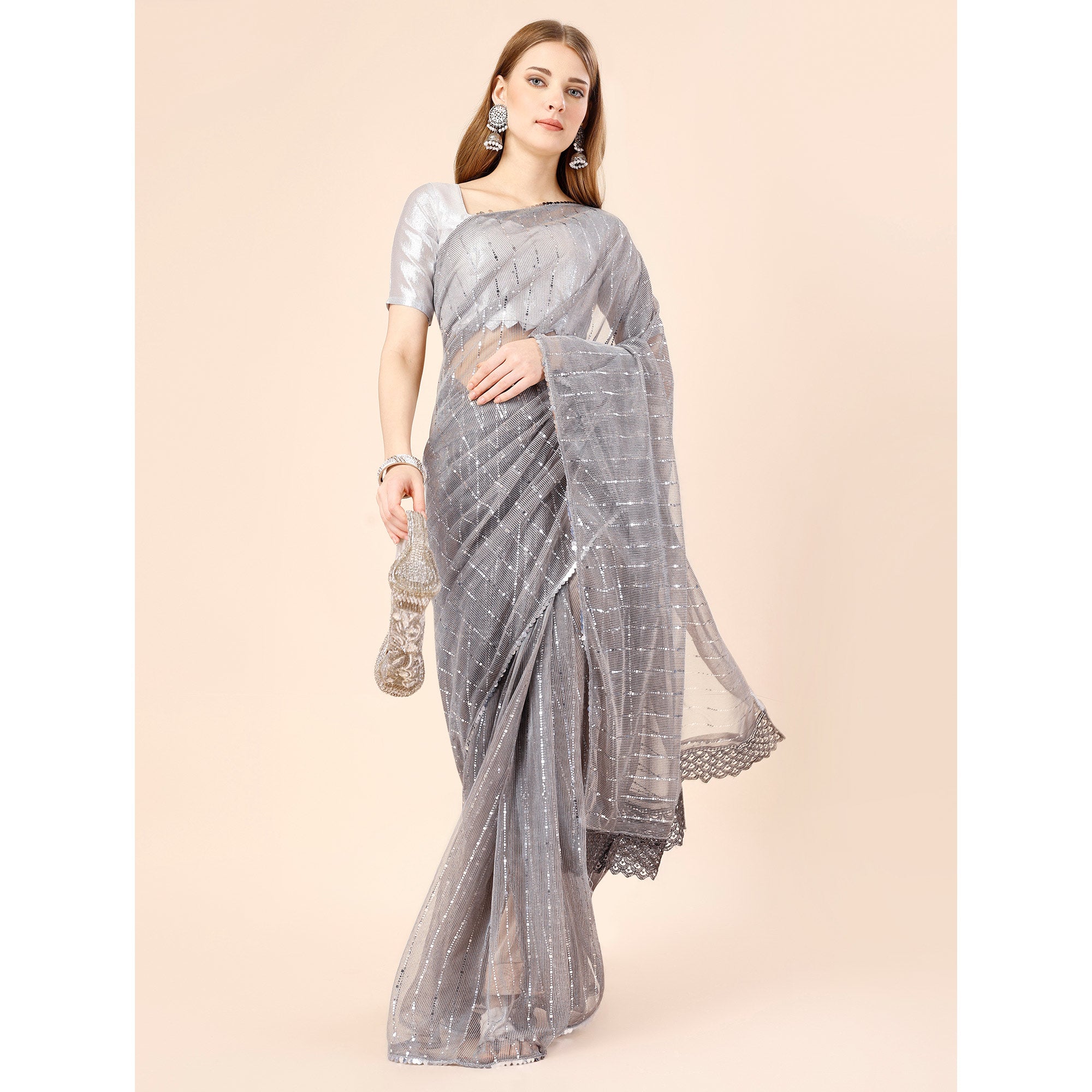 Grey Tikki Work Lycra Saree With Embroidered Border