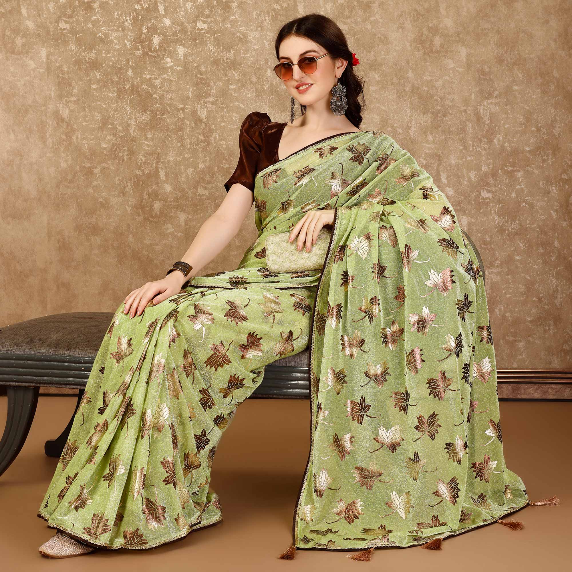 Green Foil Printed Lycra Ready To Wear Saree