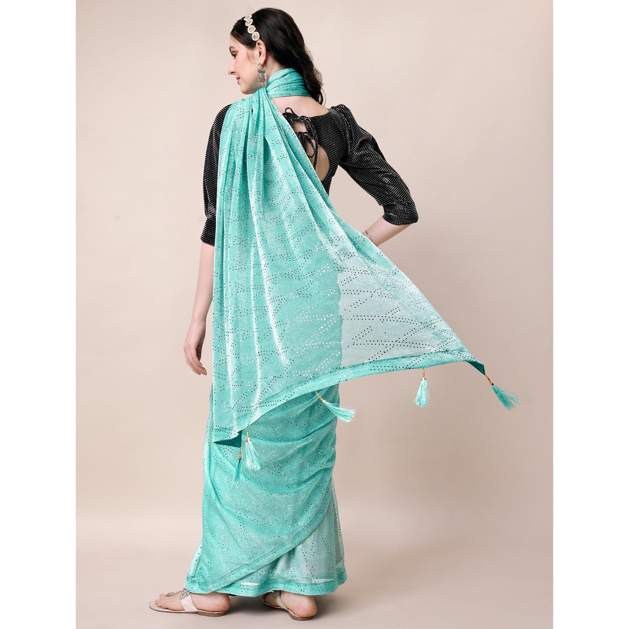 Turquoise Foil Printed Raw Silk Saree