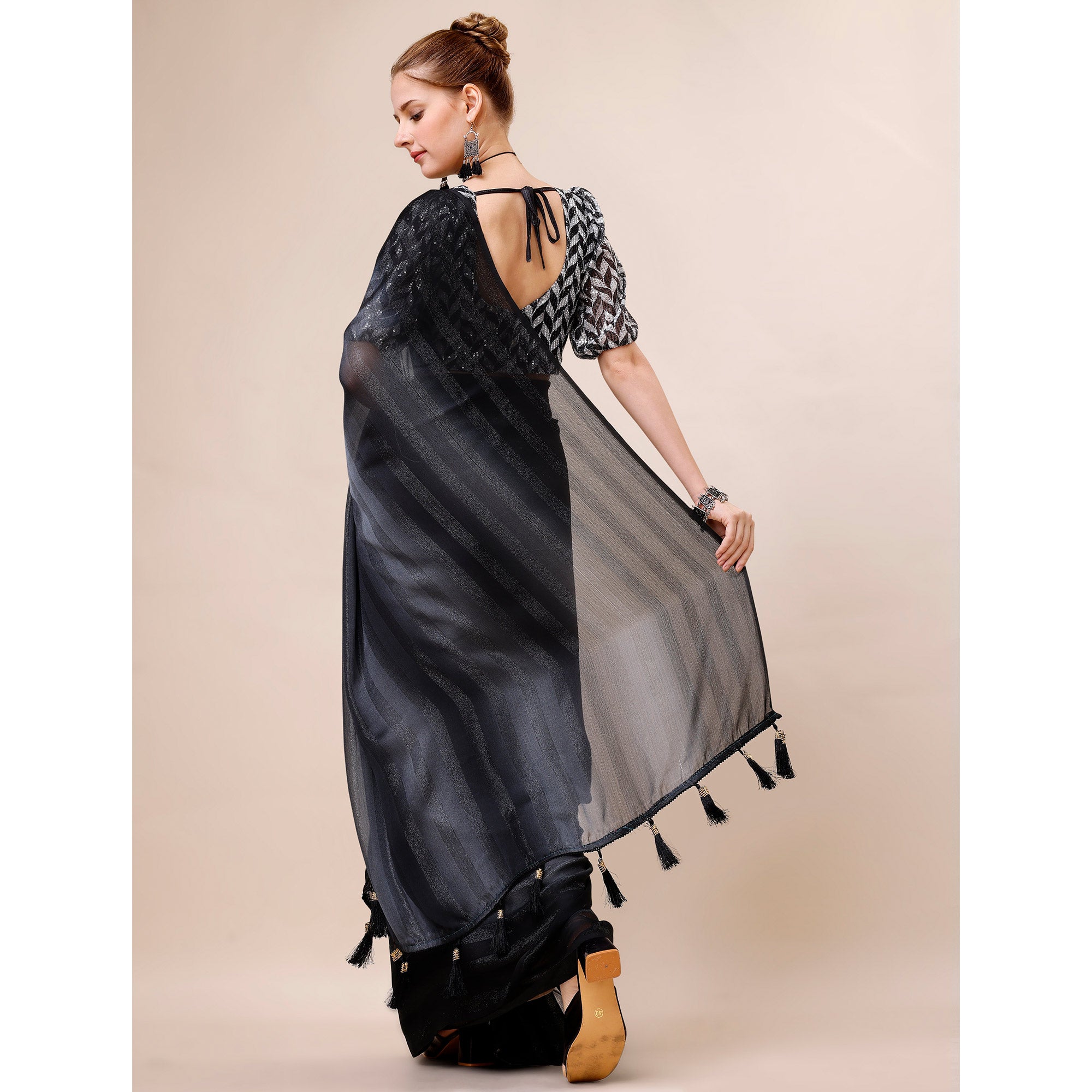 Black Striped Woven Chiffon Saree