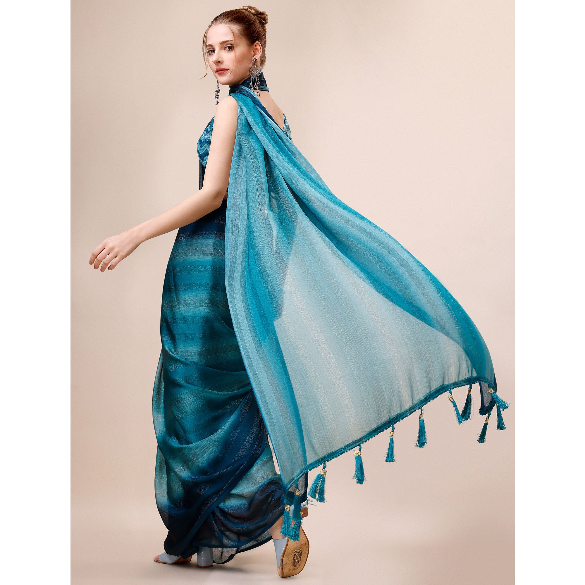 Teal Blue Striped Woven Chiffon Saree