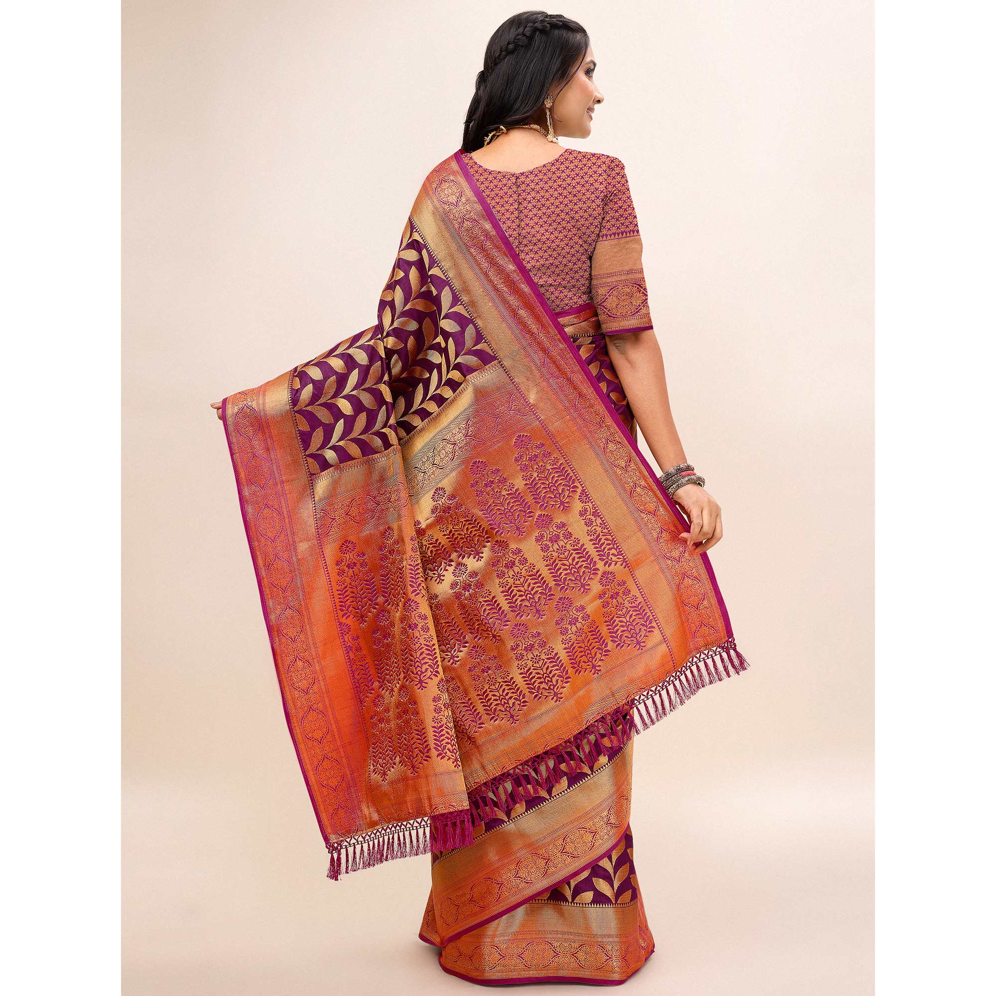 Purple Woven Dola Silk Saree With Tassels