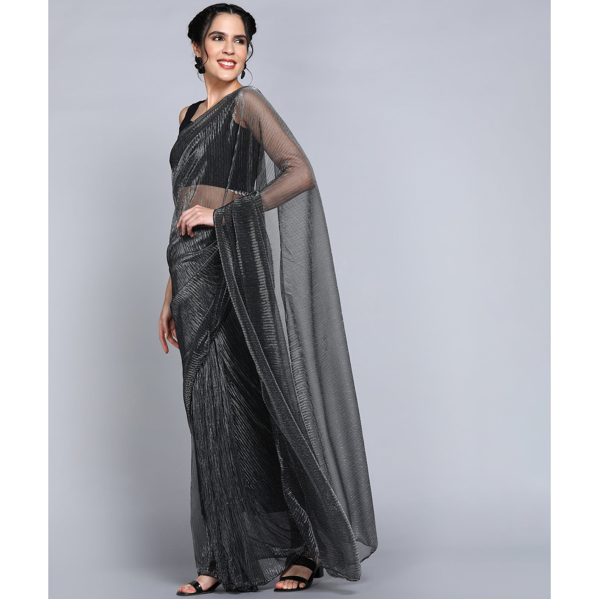 Black Solid Lycra Crush Saree