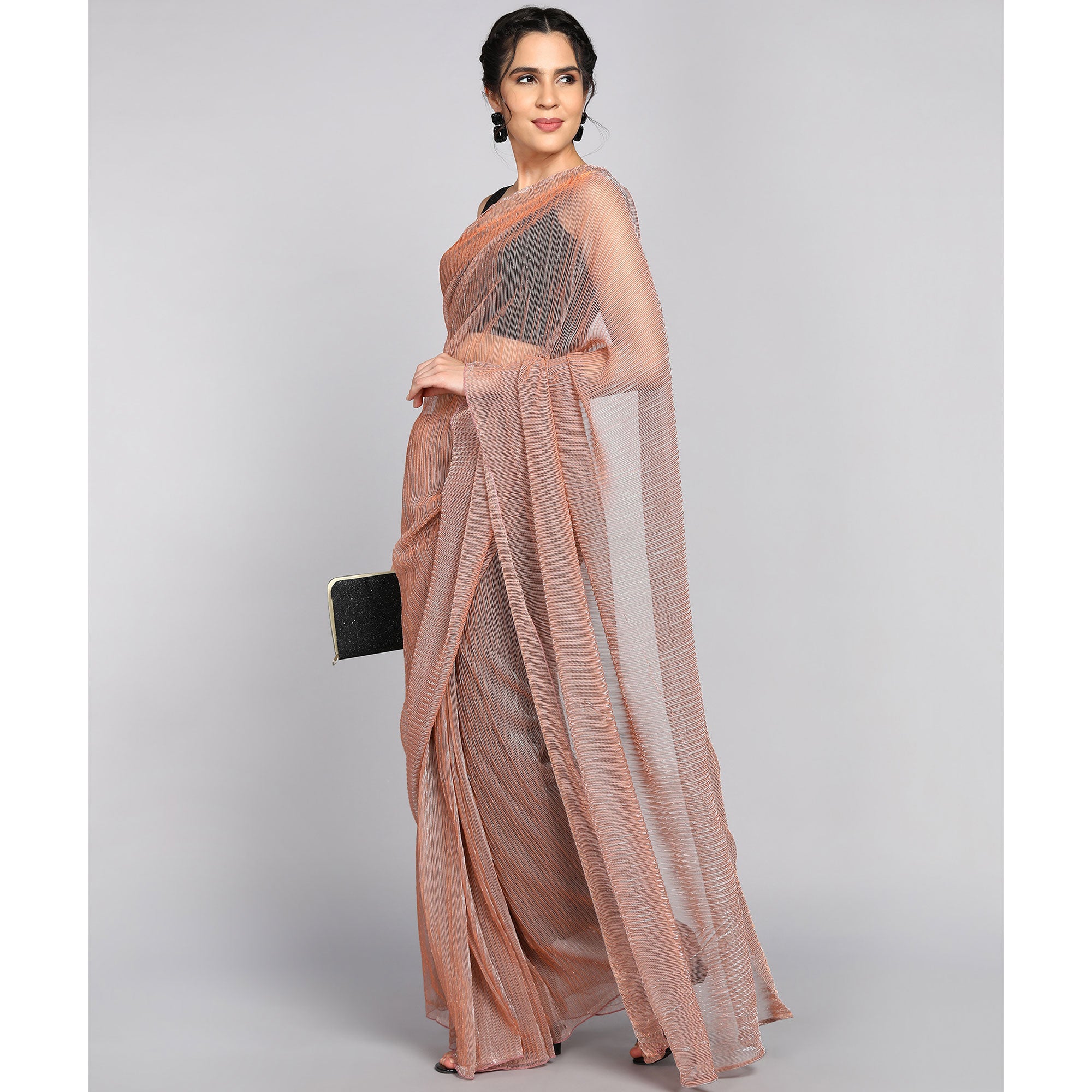 Peach Solid Lycra Crush Saree