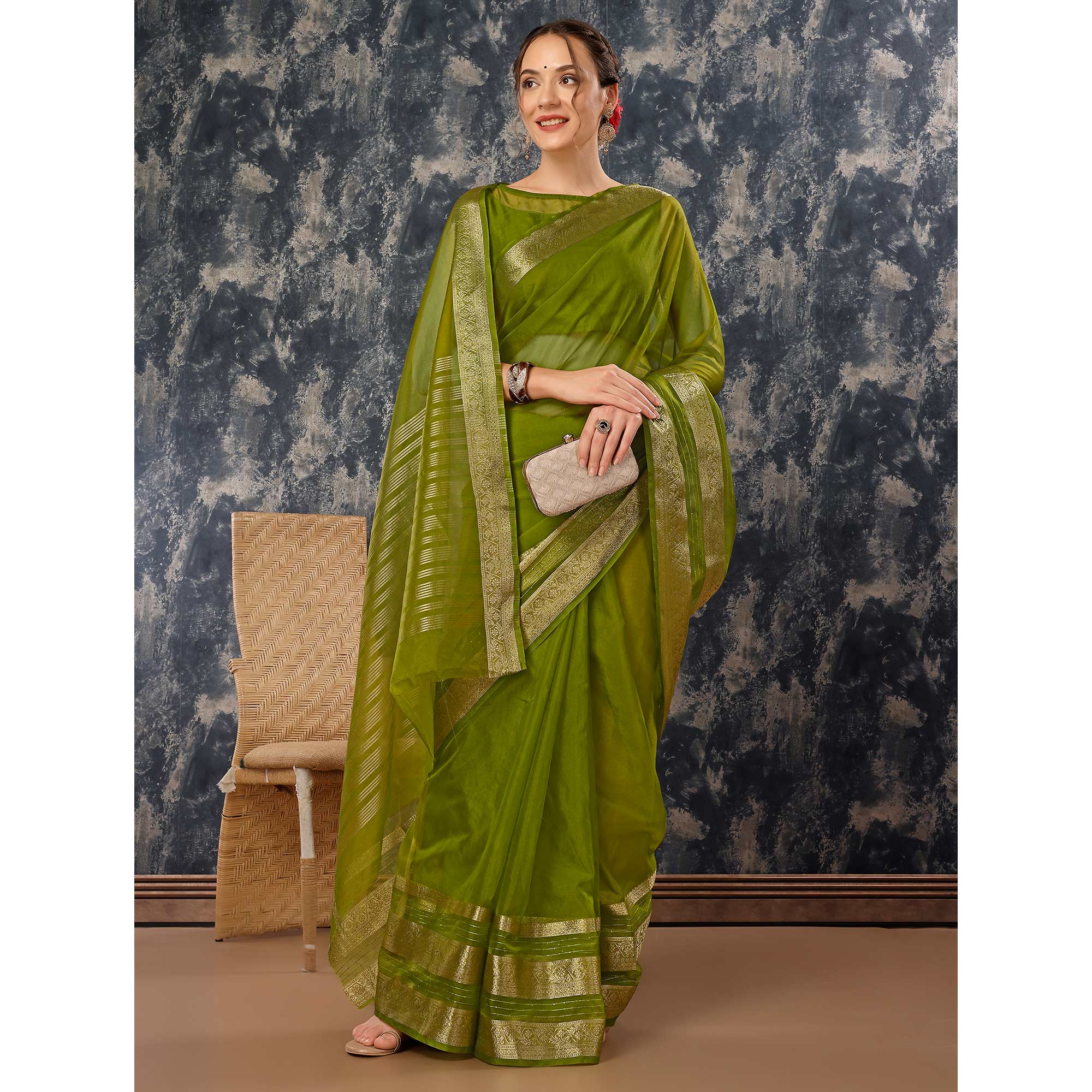 Mehendi Green Floral Zari Woven Organza Saree