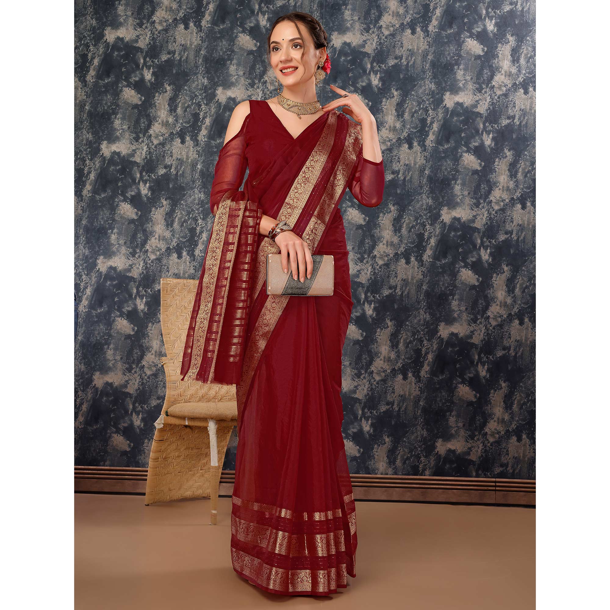 Maroon Floral Zari Woven Organza Saree