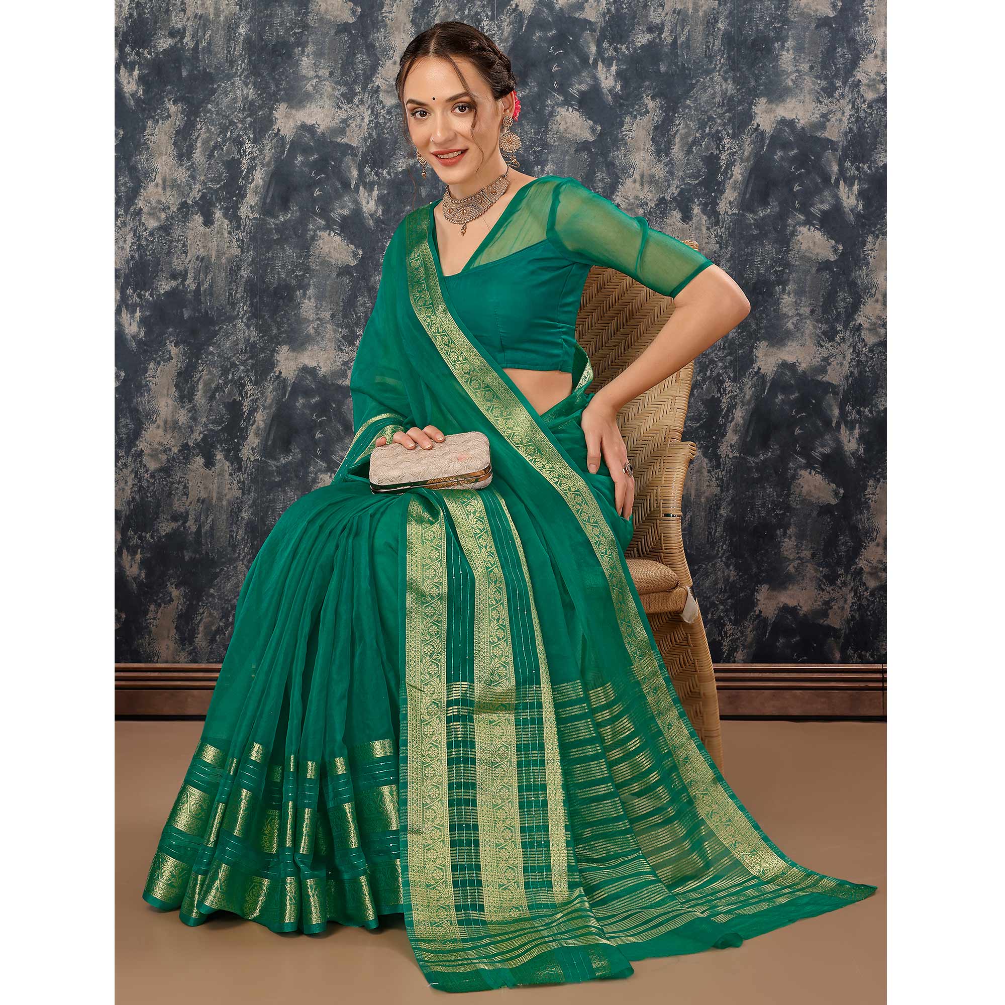 Green Floral Zari Woven Organza Saree