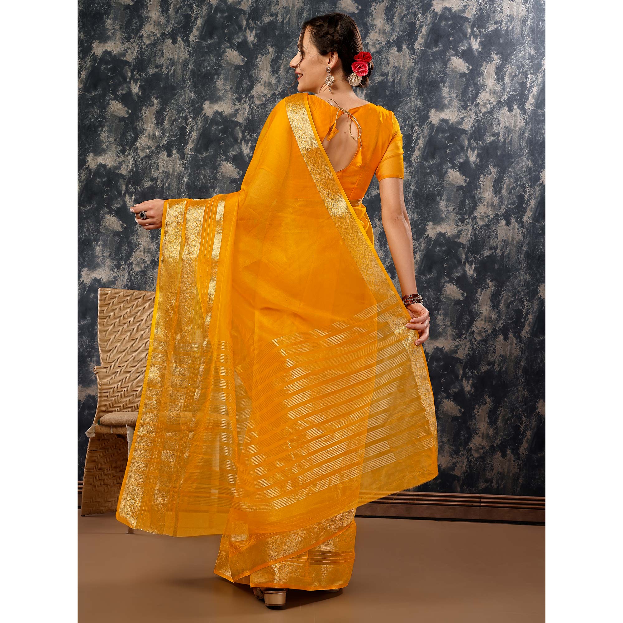 Yellow Floral Zari Woven Organza Saree