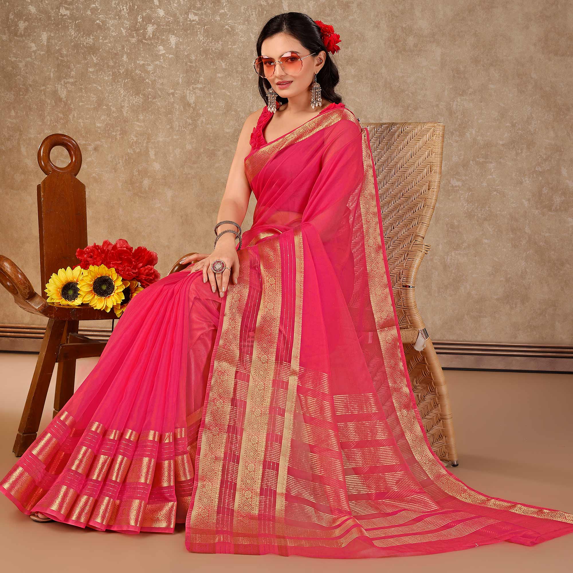 Pink Floral Zari Woven Organza Saree