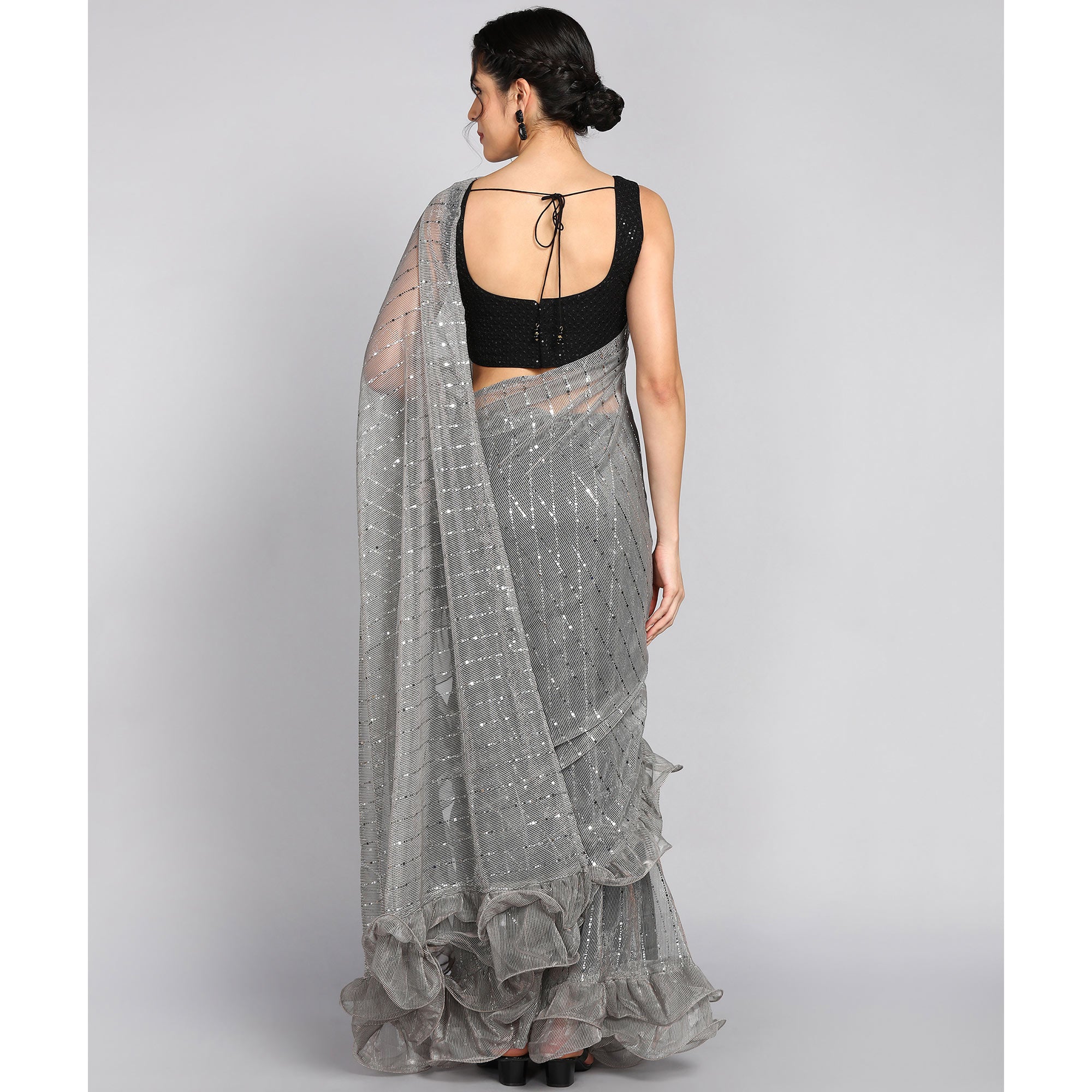 Grey Tikki Work Lycra Ruffle Saree