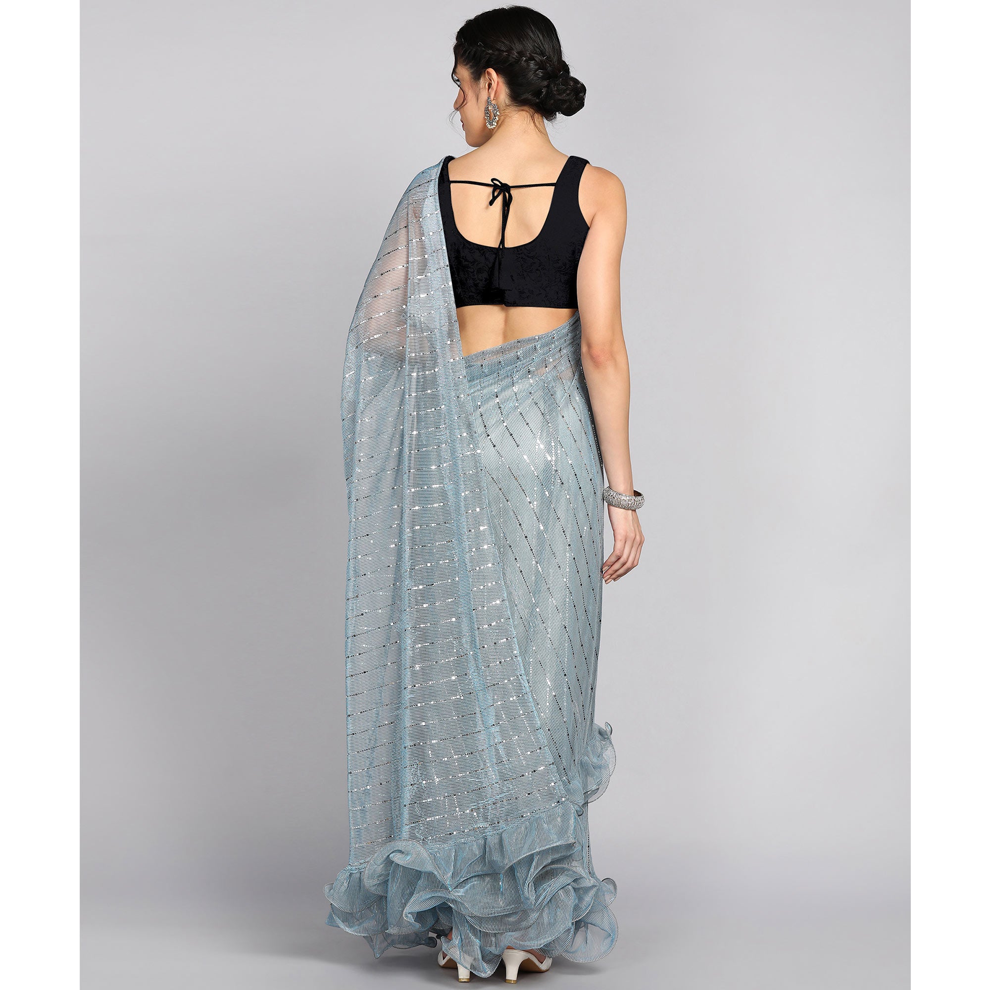 Sky Blue Tikki Work Lycra Ruffle Saree