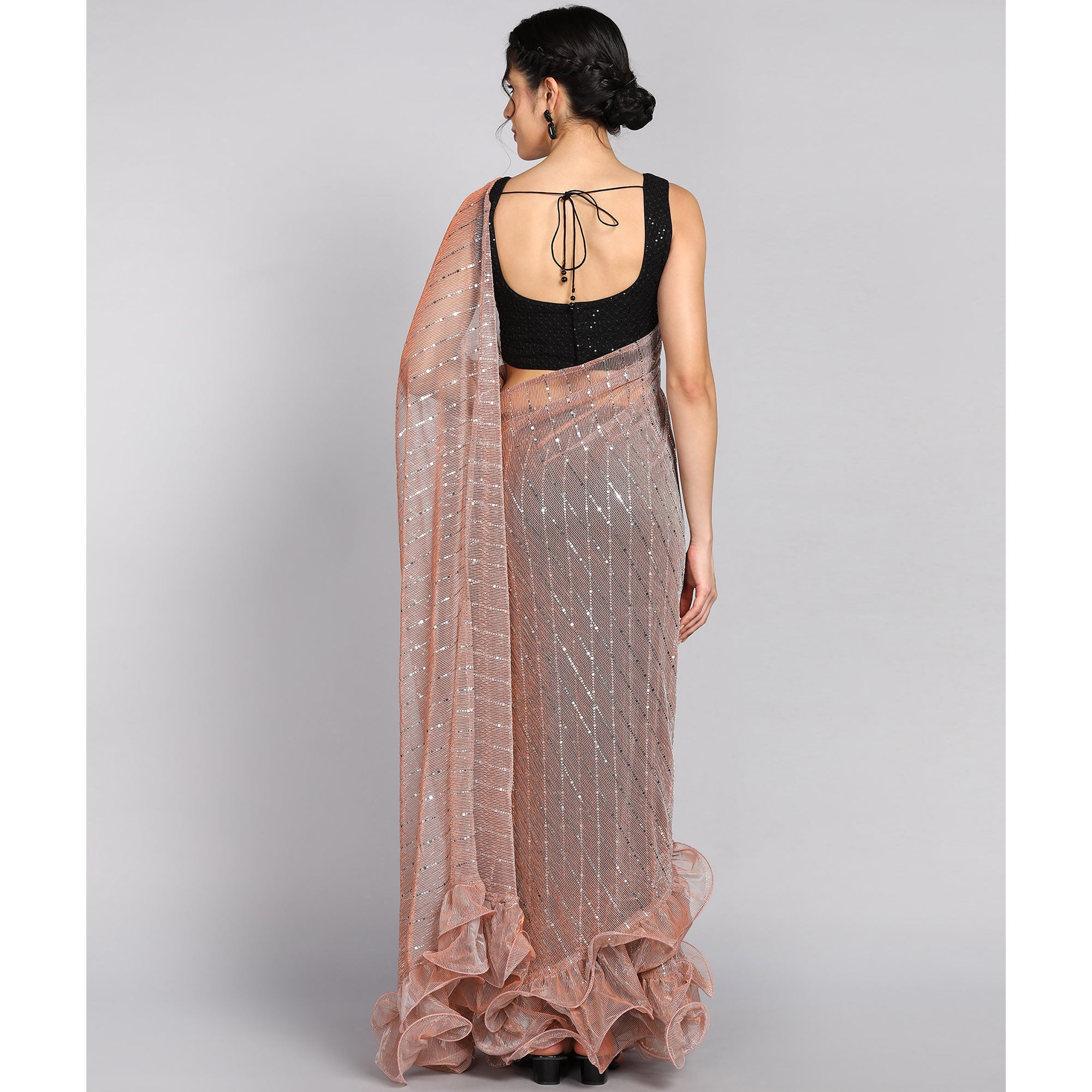 Peach Tikki Work Lycra Ruffle Saree