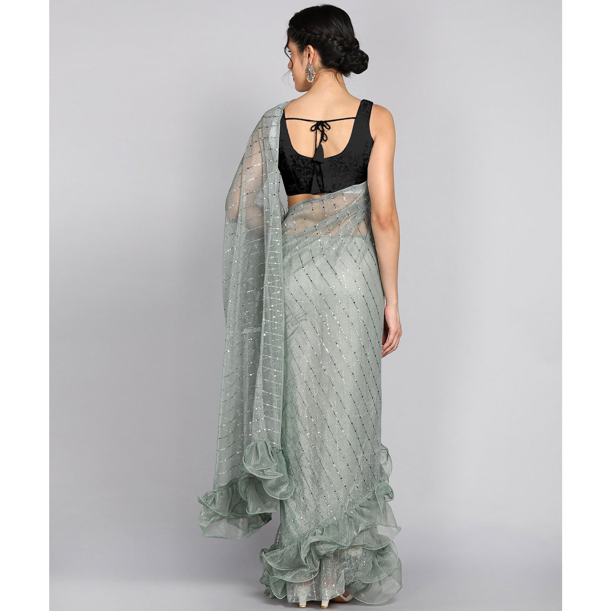 Pista Green Tikki Work Lycra Ruffle Saree