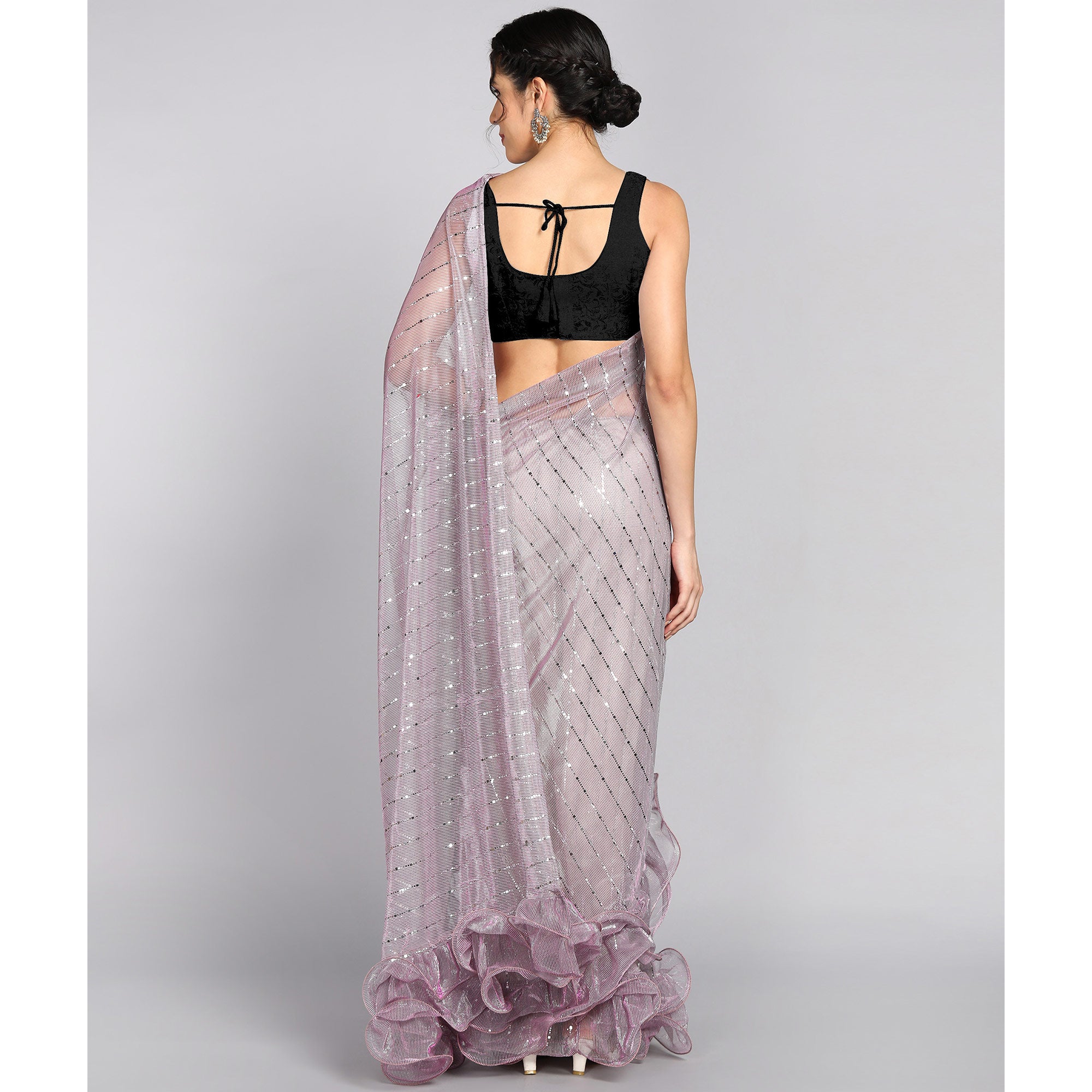 Light Mauve Tikki Work Lycra Ruffle Saree