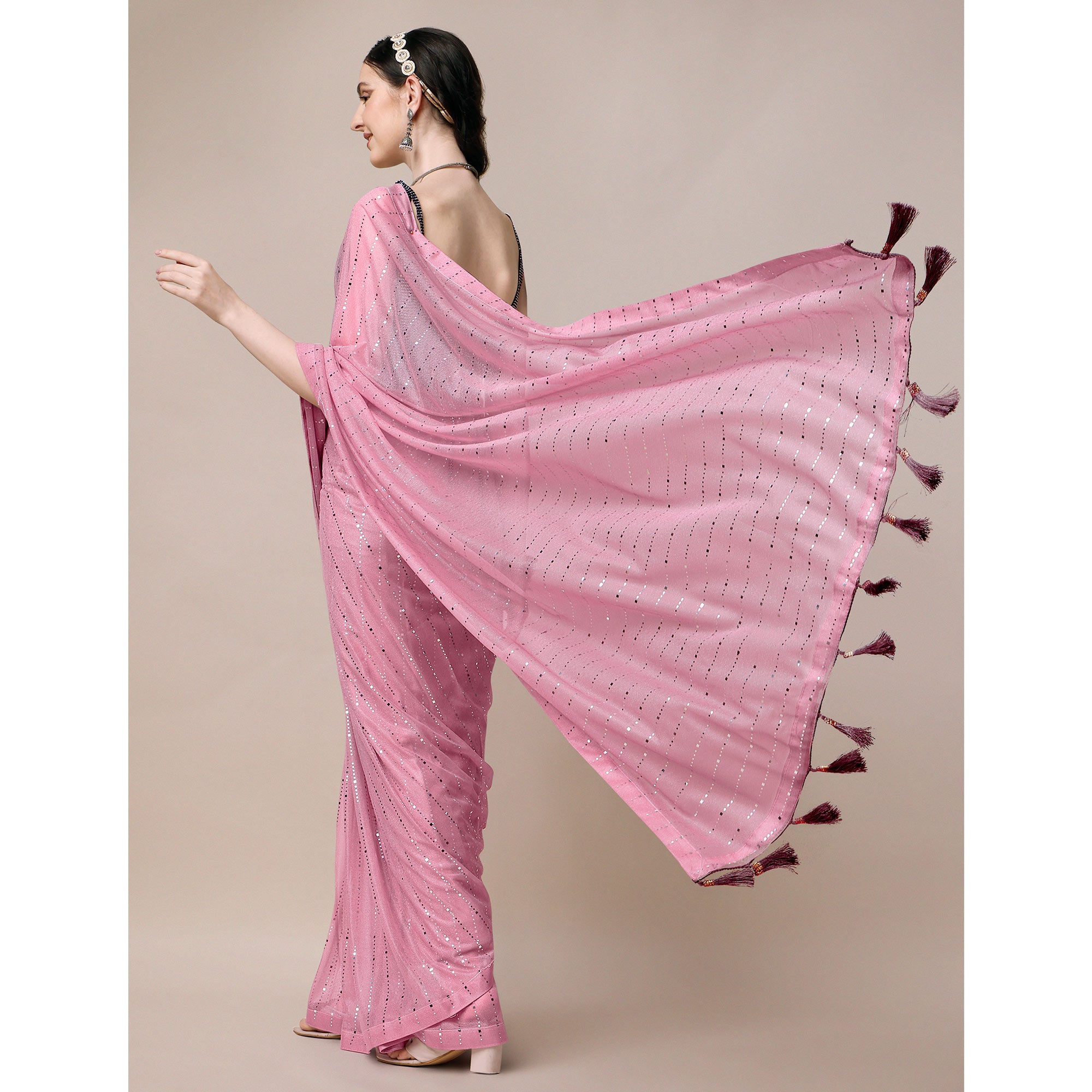 Onion Pink Striped Foil Printed Rayon Saree