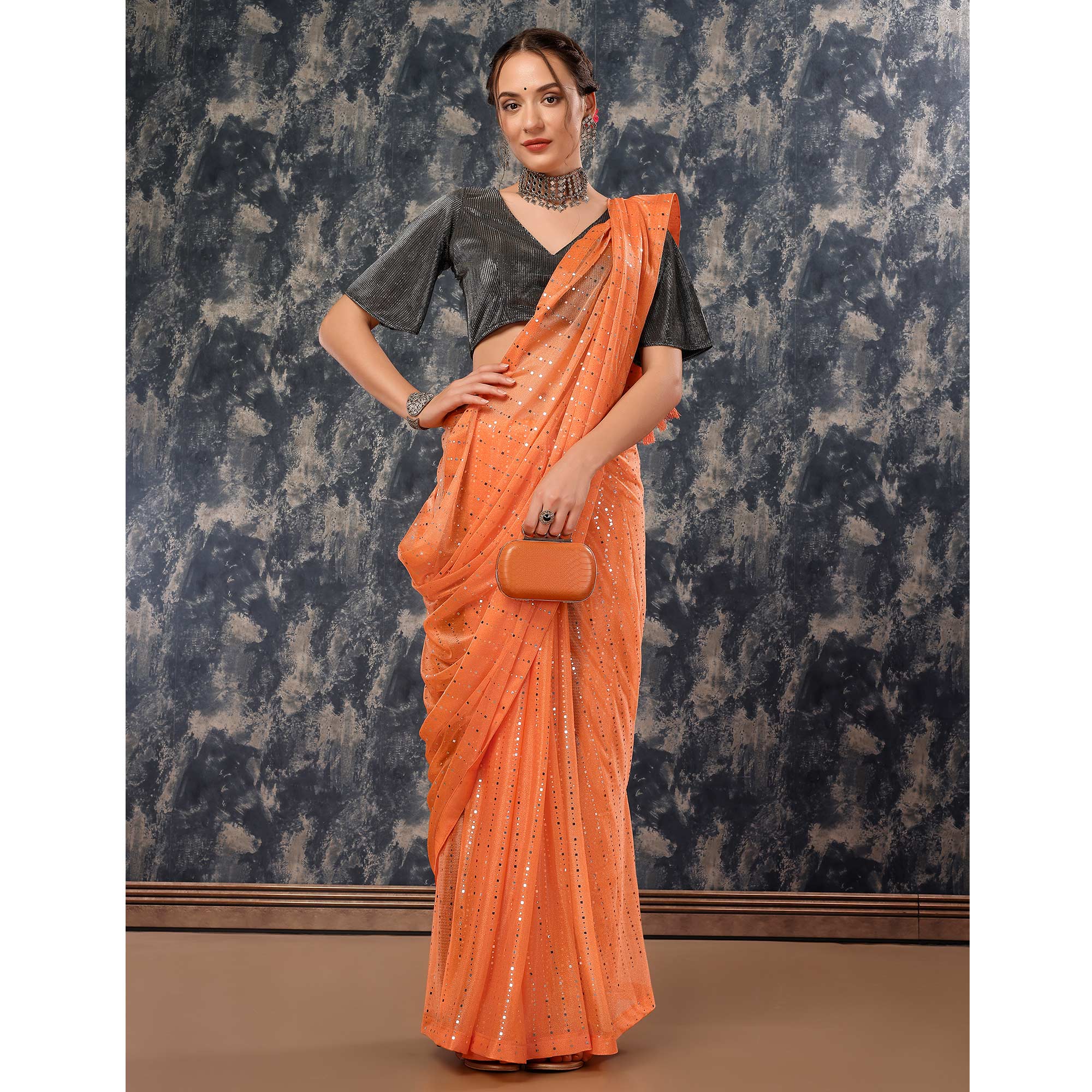 Orange Tikali Work Lycra Saree With Tassels