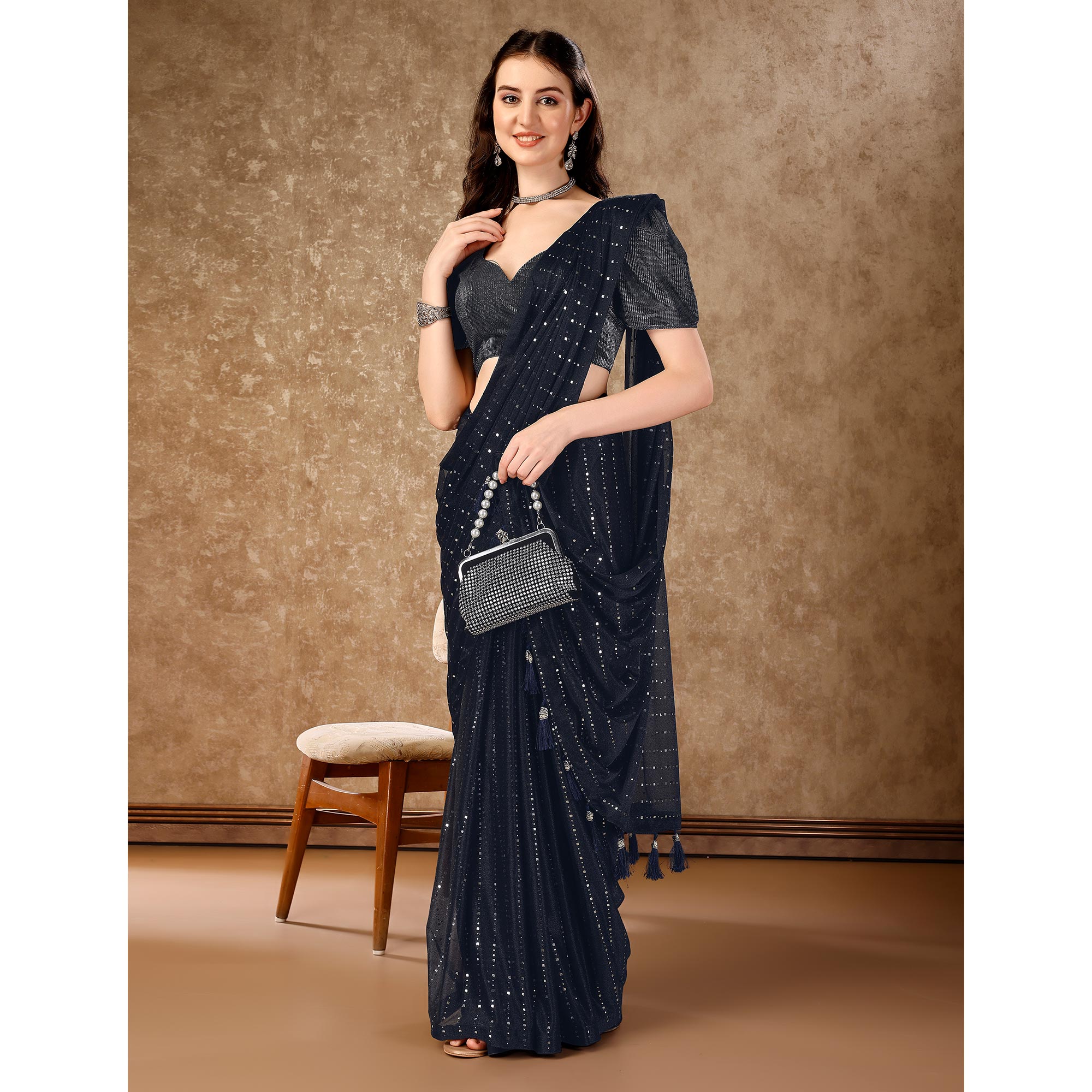 Dark Blue Tikali Work Lycra Saree With Tassels