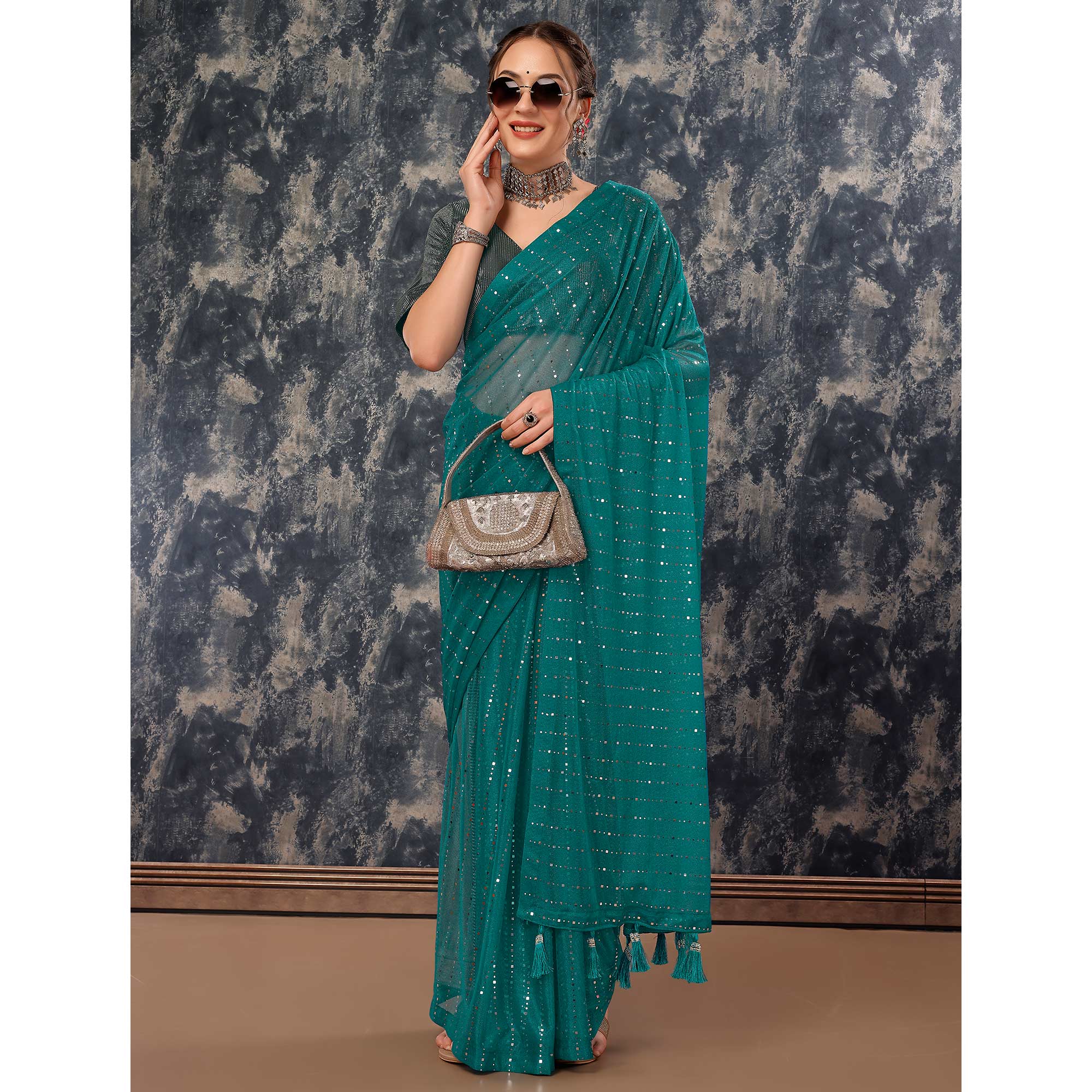 Teal Tikali Work Lycra Saree With Tassels