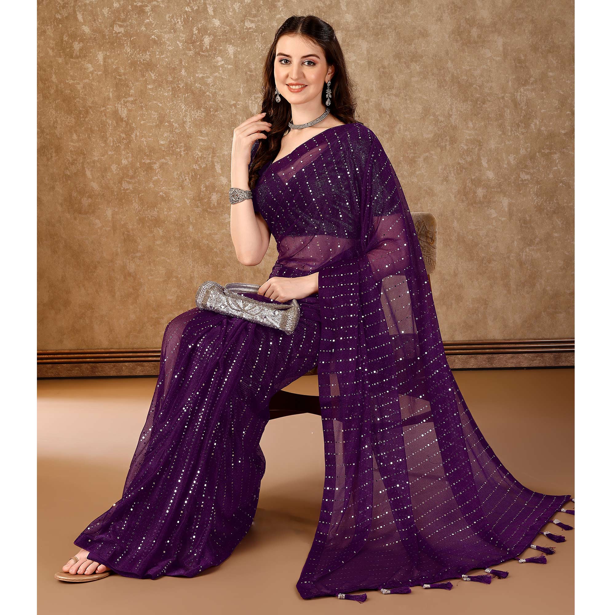 Purple Tikali Work Lycra Saree With Tassels