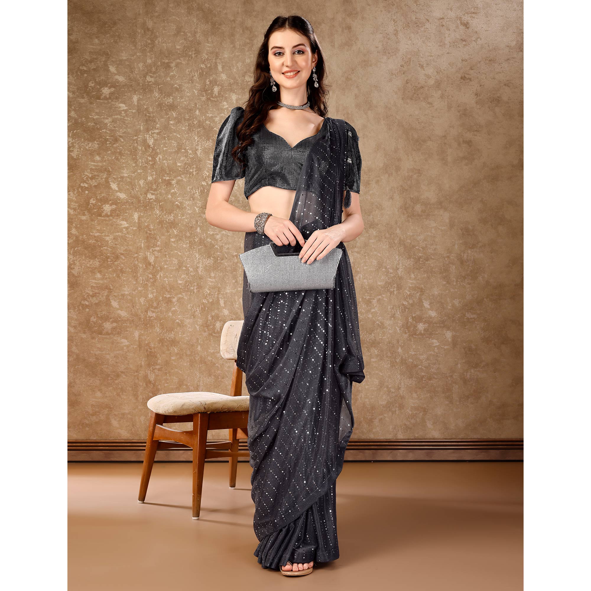 Grey Tikali Work Lycra Saree With Tassels